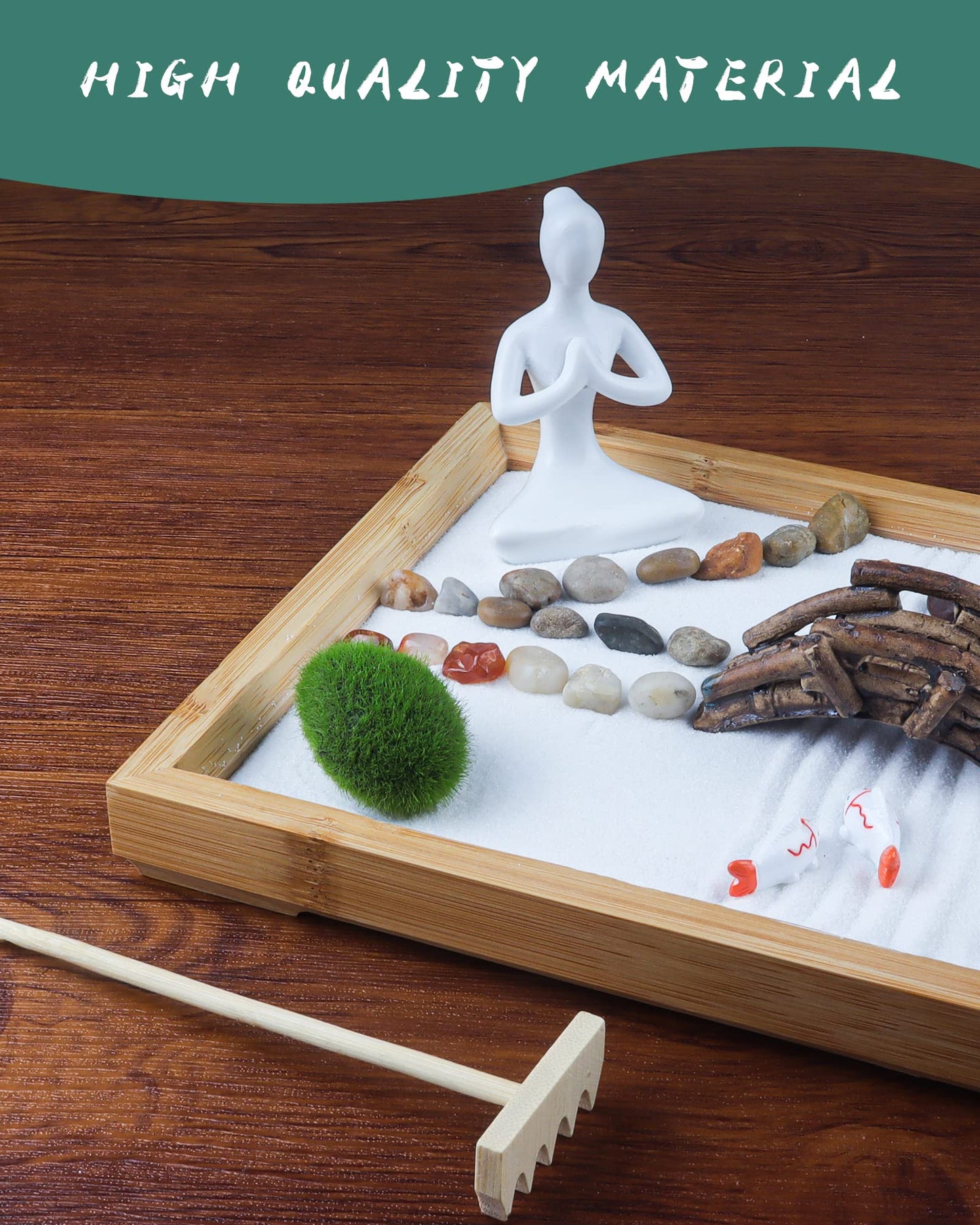 Melonva Japanese Zen Garden For Desk - Life Flows 12'' X 8'' Desktop Mini Zen Garden With White Sand Artificial Tree Rocks Rakes