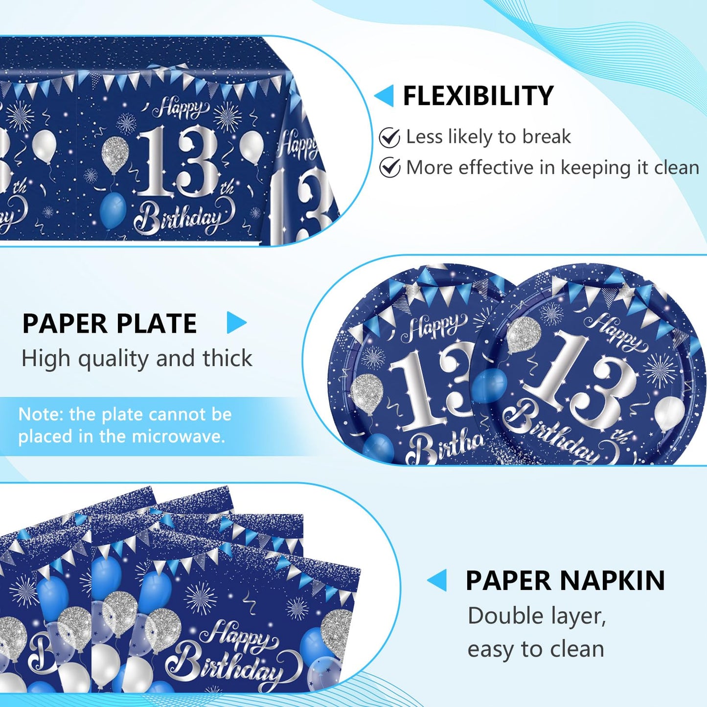 13Th Birthday Decorations For Boy Girl Official Teenager 13Th Tableware Decorations Navy Blue Silver Birthday Plates Napkins Tab
