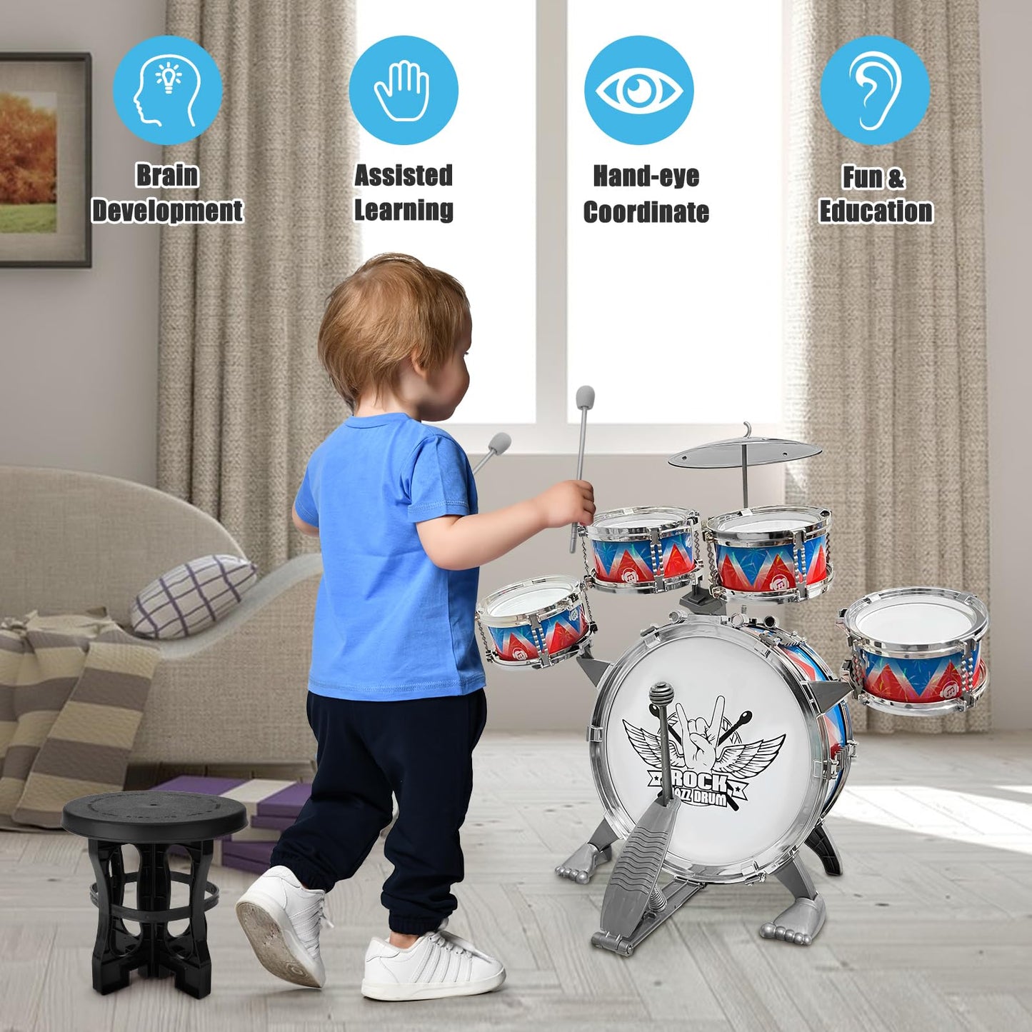 Toddler Drum Set Kids Jazz Drum Kit With Stool Musical Instruments Toys Birthday Chirstmas Easter Gifts For Boys Girls Aged 3 4