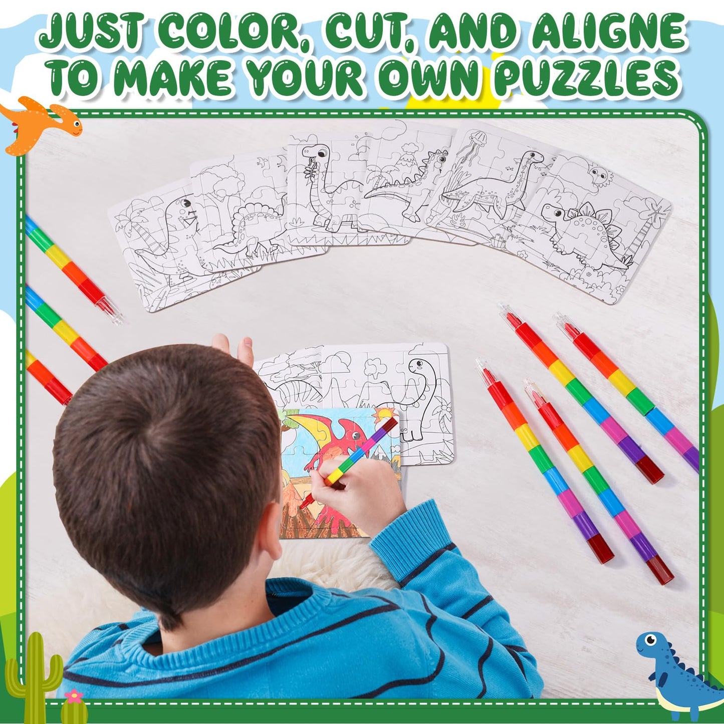 Fullhawl 12 Sets Dinosaur Puzzles for Dinosaur Theme Color Your Own Puzzles DIY Dino Jigsaw Crafts with 12 Stackable Crayons and 12 Bags for Tropical Jungle Gifts Birthday Party Supplies Favors