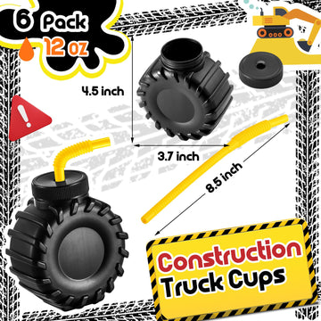 Amyhill 6 Pieces 12 Oz Construction Truck Cups Set Truck Construction Cups With Orange Straw Construction Birthday Party Supplie