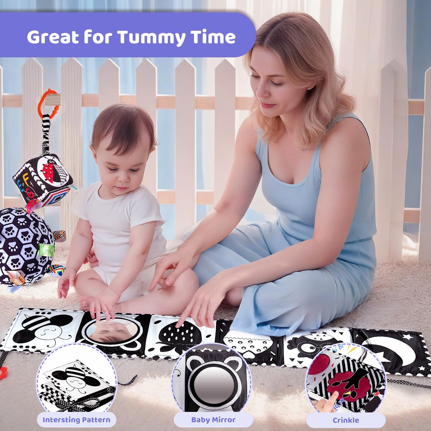 Black And White Baby Toys, High Contrast Newborn Toys 3-6 Months Brain Development, Tummy Time Toys, Infant Sensory Toys 0-6-12