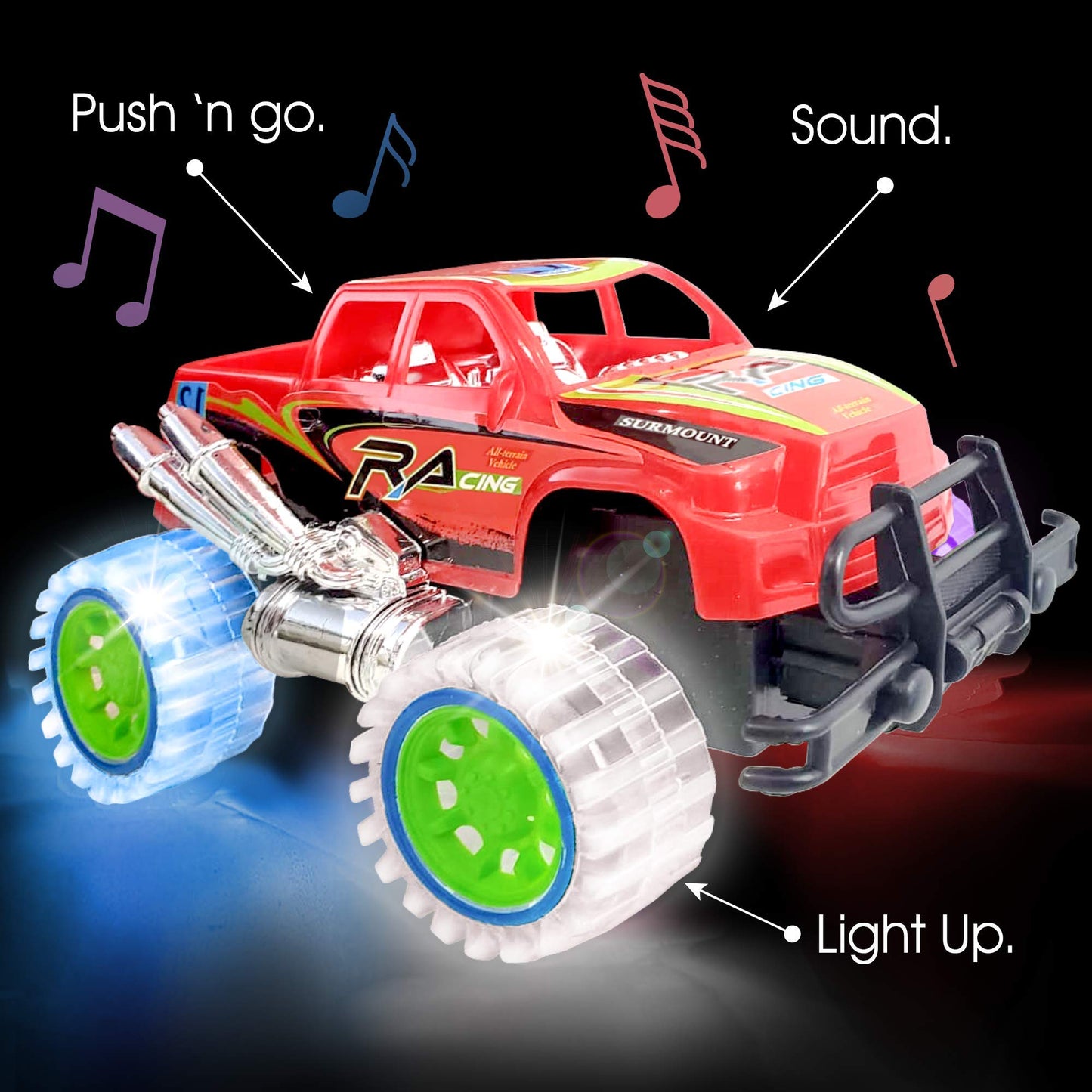 ArtCreativity Light-Up Red Monster Truck with Sounds, 9 Inch Monster Truck with Flashing Wheels and Friction Motor, Push n Go To