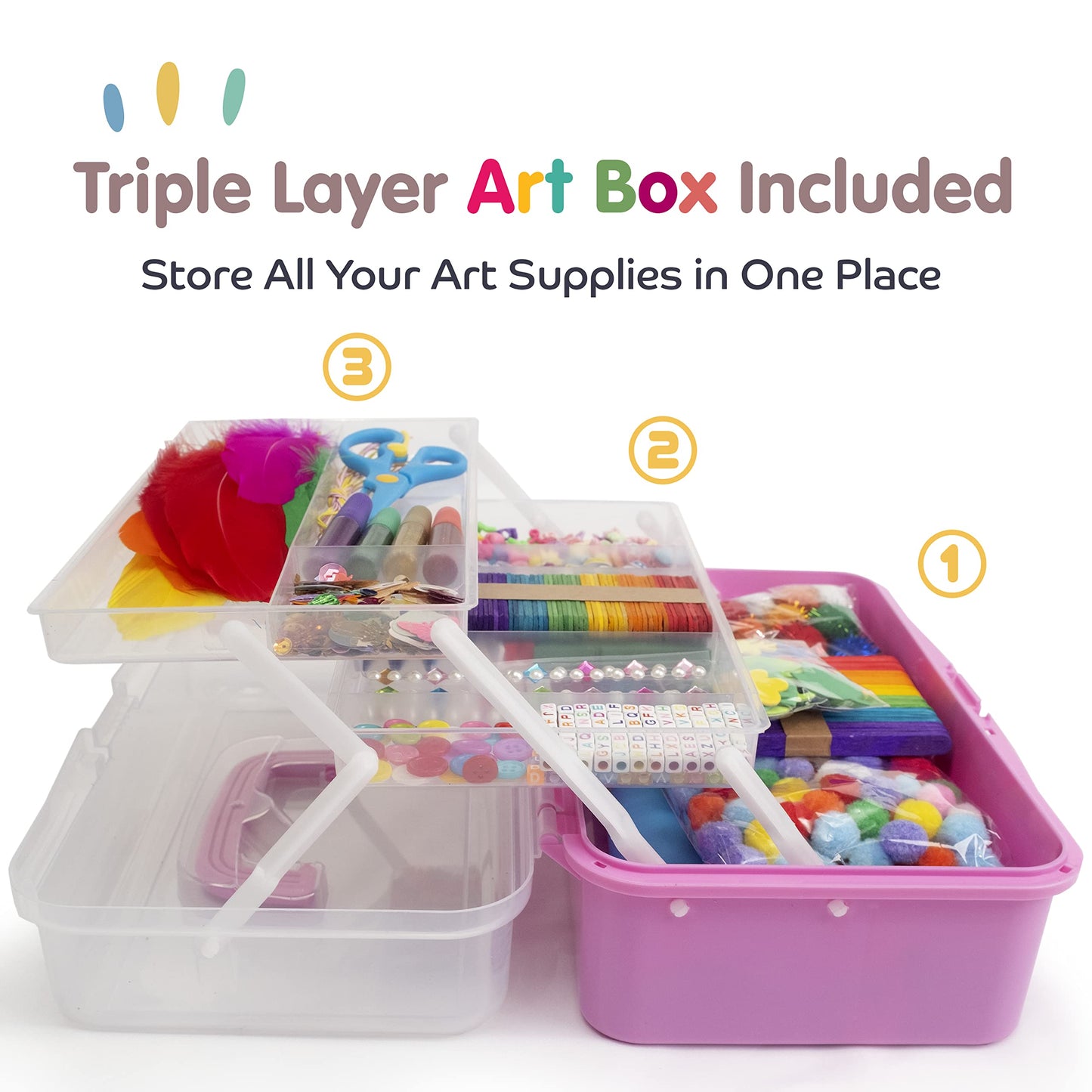 Olly Kids Arts And Crafts Supplies For Kids Girls 4 5 6 7 8 9 10 11 & 12- Ultimate Crafting Supply Set In Portable 3 Layered Pla