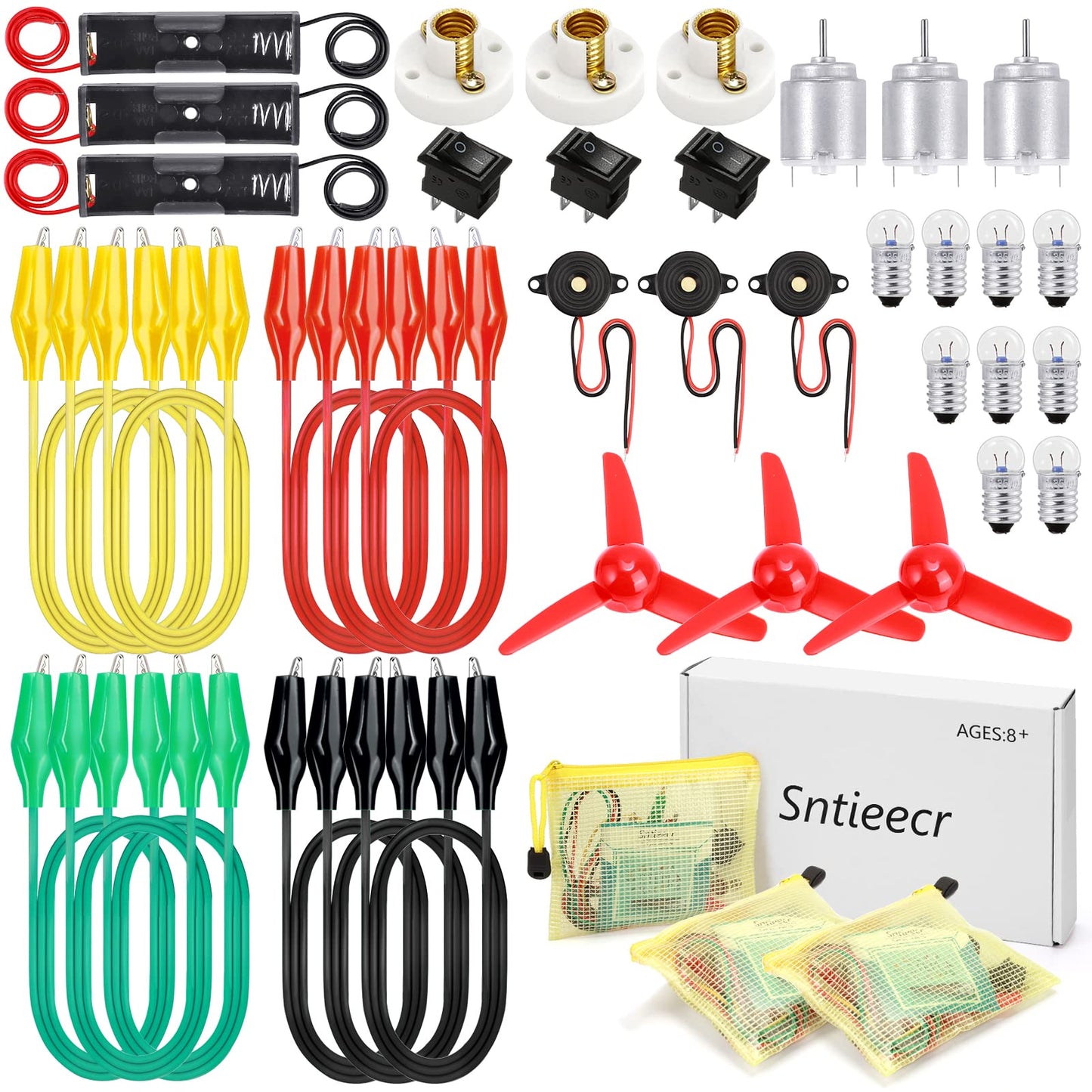 Sntieecr 3 Pack 42 Pcs Electric Circuit Motor Kit With Organize Bags, Educational Montessori Learning Electric Circuit Kit Sets For Kids Diy Stem Science Project