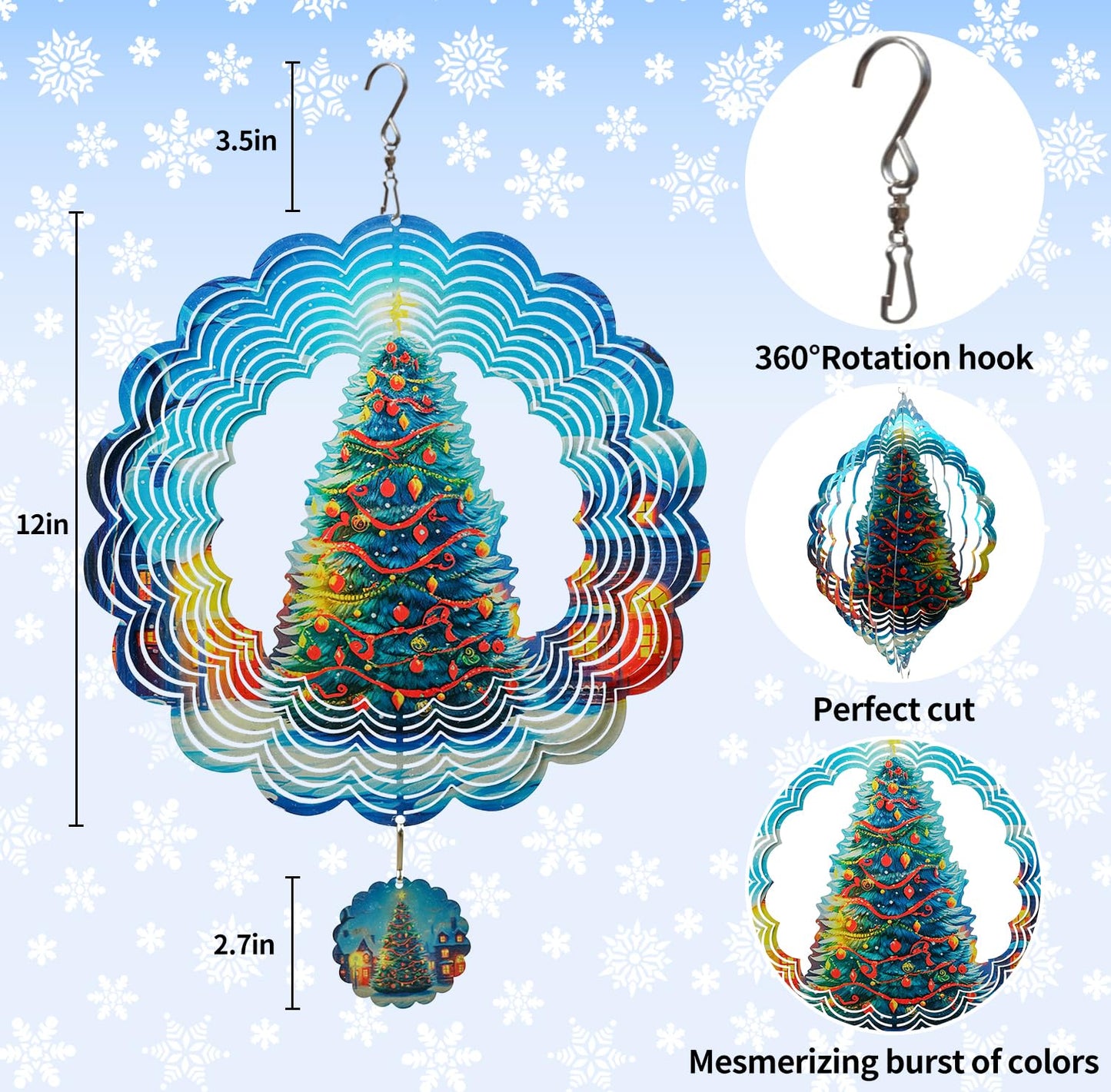 3D Christmas Tree Wind Spinners For Yard And Garden Christmas Decor 12 Inch Outdoor Metal Hanging Stainless Steel Wind Spinner U