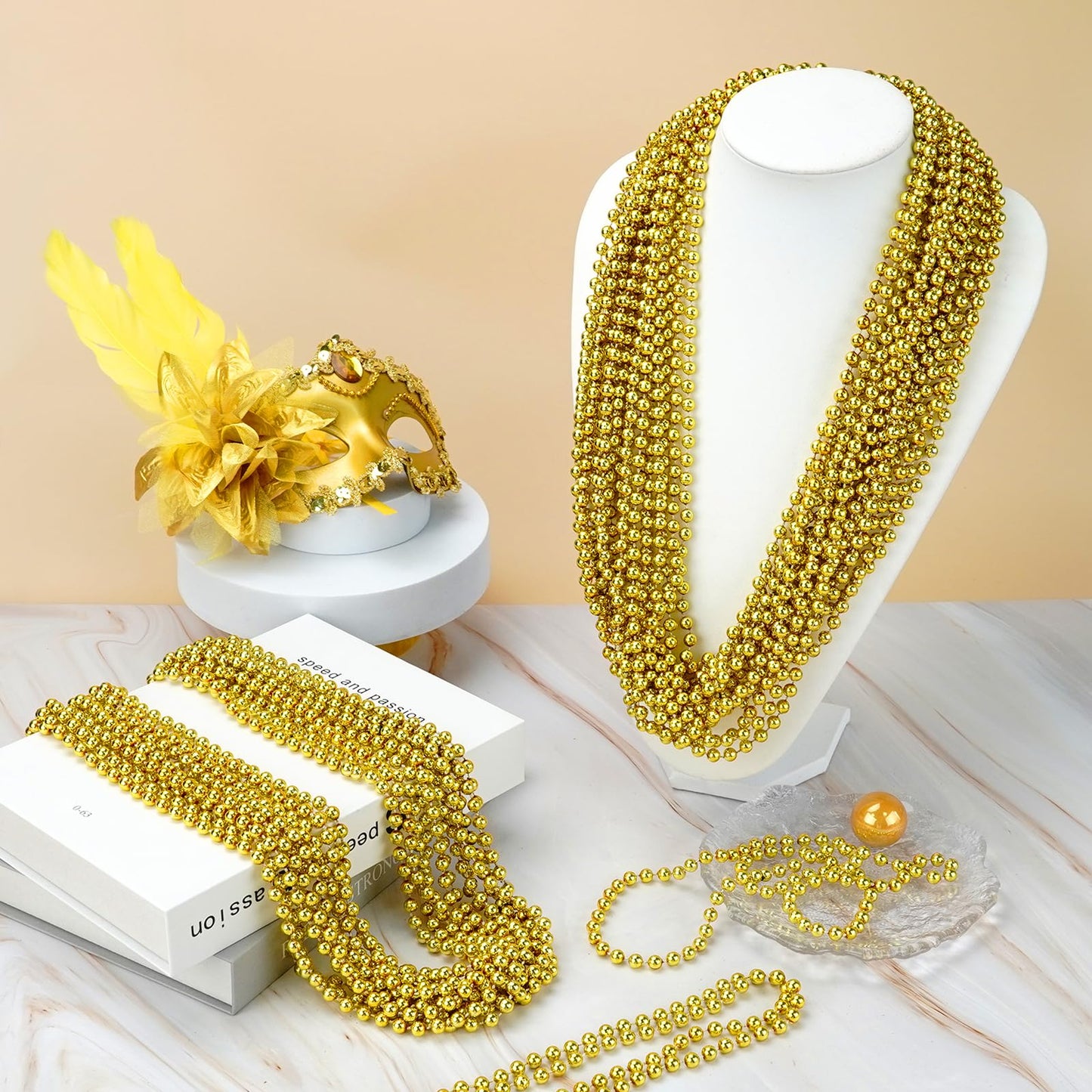 ZYFLSQ 100 Pcs 33'' 7mm Metallic Gold Beads Necklaces, Bulk Mardi Gras Beaded Necklaces, Party Beads Costume Necklaces