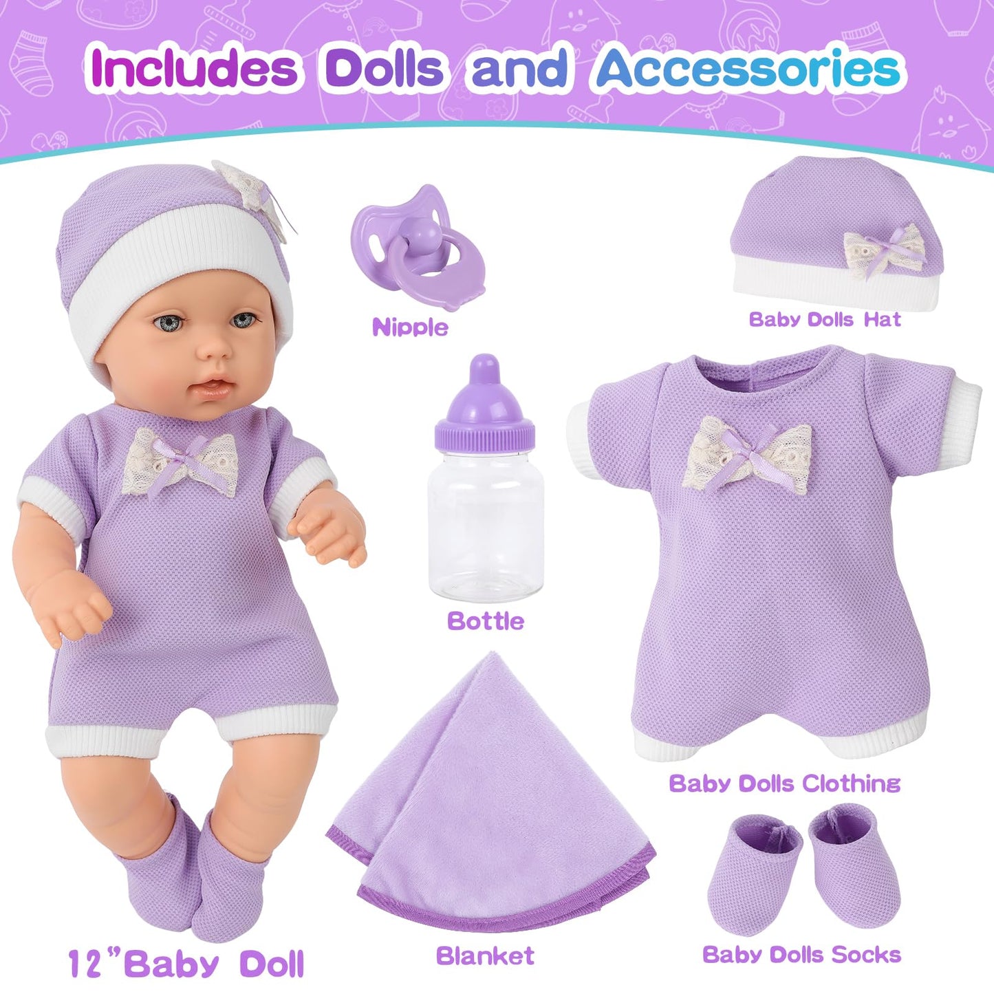 Zntwei 12 Inch Baby Doll Playset With Reborn Baby Dolls Clothes And Accessories Including Purple Jumpsuit, Hats, Socks, Bottles,