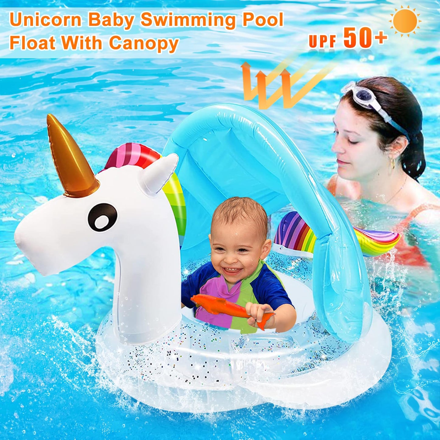 Unicorn Baby Swimming Pool Float With Canopy, Glitters, Seat & Safety Handle, 2024 Summer Baby Floats For Pool, Inflatable Baby Floaties For 8-36 Months Toddler Boy Girl Summer Outdoor Party Favor