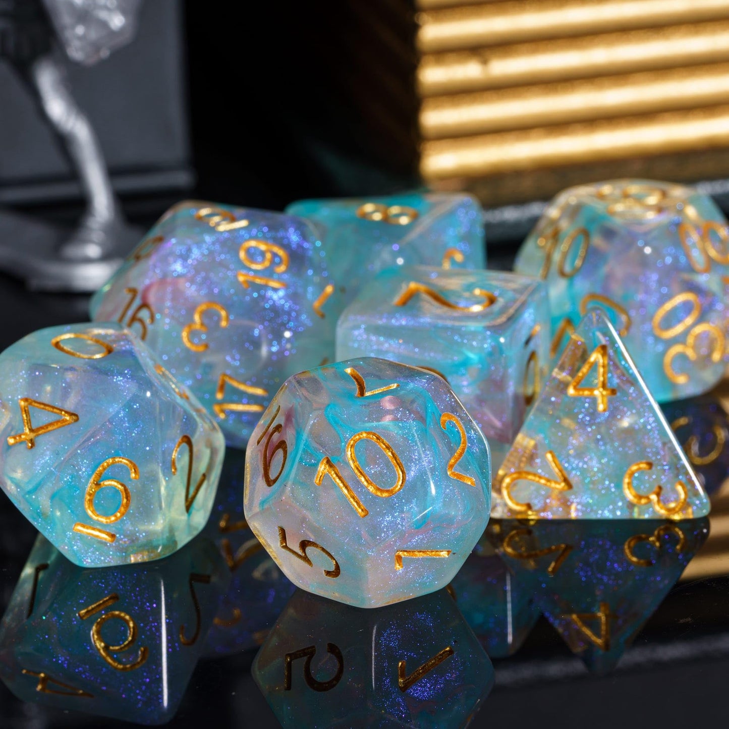 Udixi 7-Die Polyhedral Dice Set With Glitter And Cyan Swirls Dnd Dice For Dungeons And Dragons Role Playing Games (Cyan Pink)