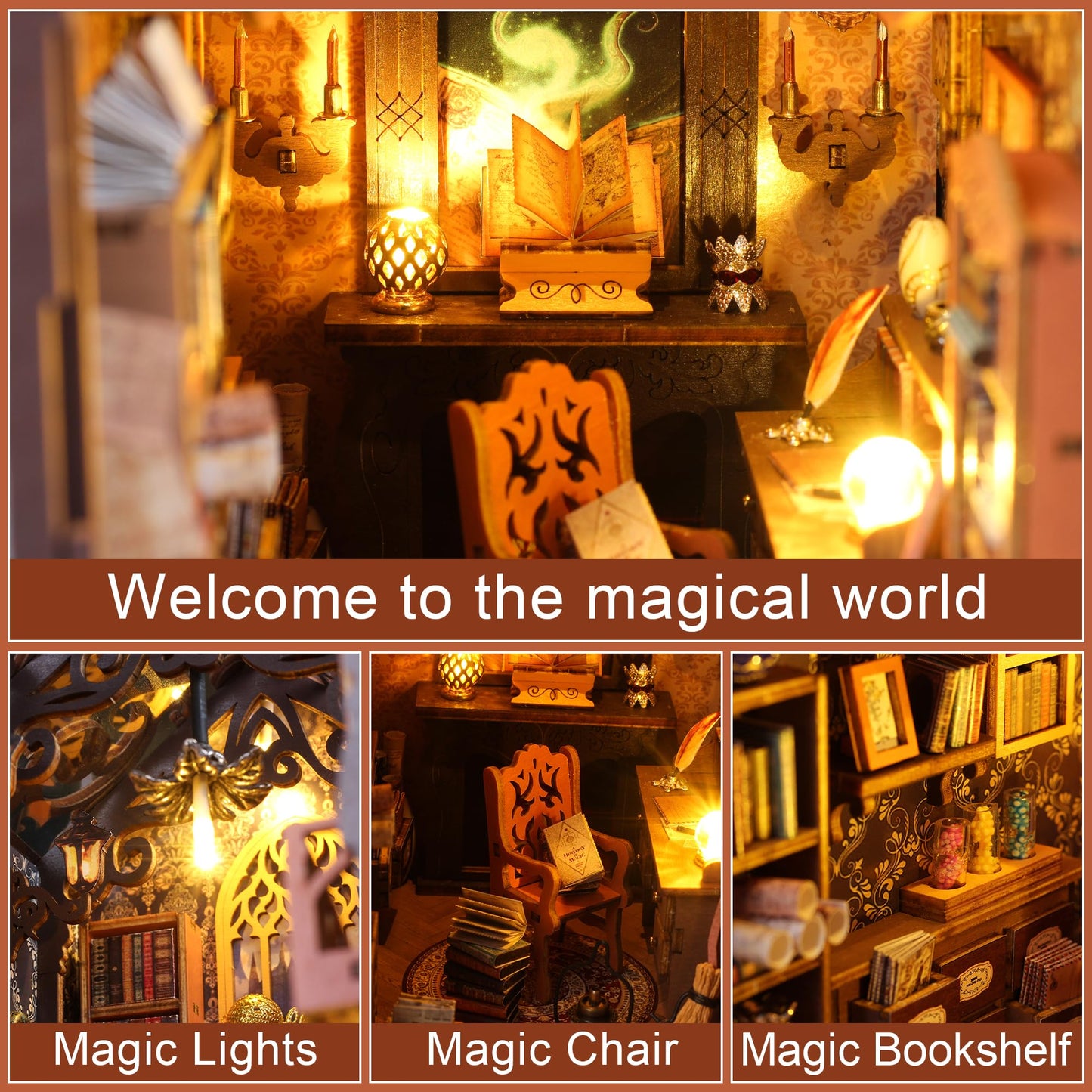 SHIISEWE Book Nook, DIY Book Nook Kits for Adults, Magic Library 3D Wooden Puzzle Bookend Bookshelf Insert Decor with LED Light,