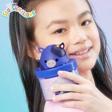 Squishmallows Ingrid The Cow Cloud Slime, 8 oz, Blueberry-Scented, Multi-Color Storage Container with Figurine Topper, Model 228940