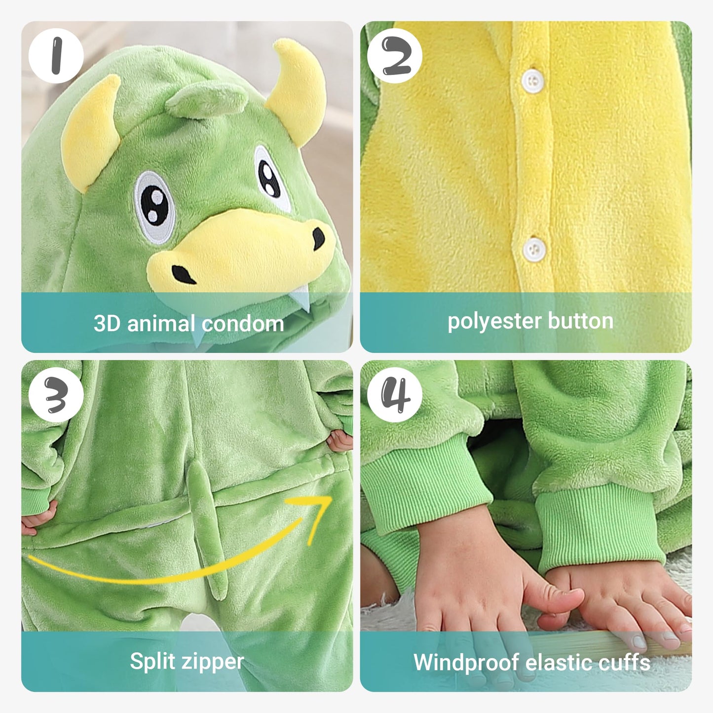 Michley Animal Hooded Romper Kids Flannel Halloween Cosplay Pajamas Costume 3-12T For Autumn Winter, Dinosaur, 9-10T, Size130