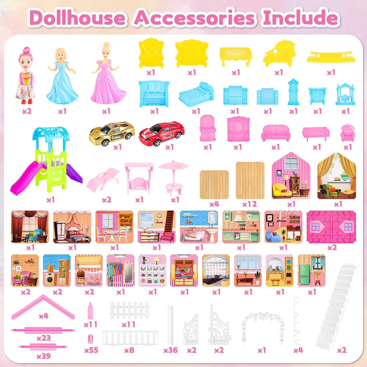 Deao Princess Doll House,4-Story 16 Rooms Kids Play Dollhouse Playset With 4 Dolls Furniture & Accessories,Pink Castle Dollhouse Toy For 3 4 5 6 7 8+ Kids Girls Toys