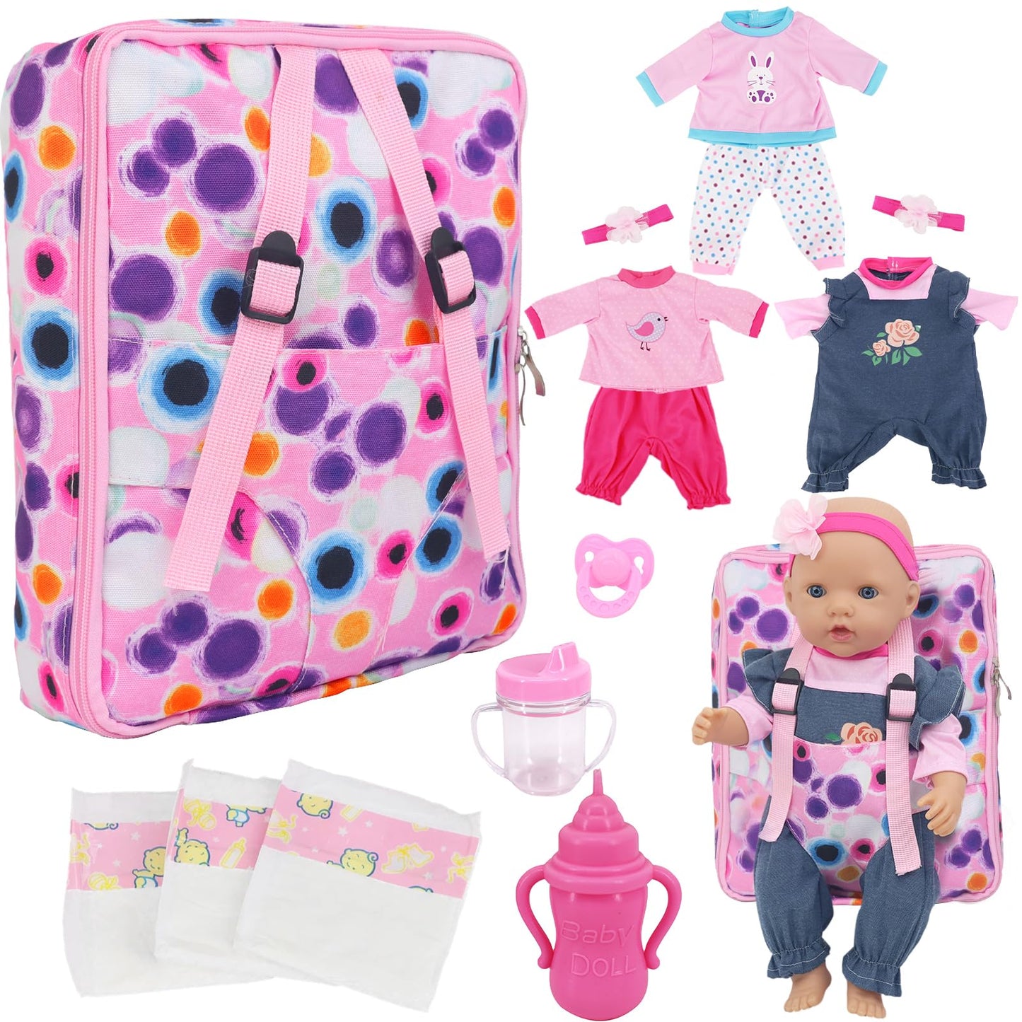 Ecorelf Baby Doll Backpack For 16-18 Inch Dolls ,Baby Doll Playset Included Baby Doll Diaper Carrier Bag,Doll Clothes Sets,Headb