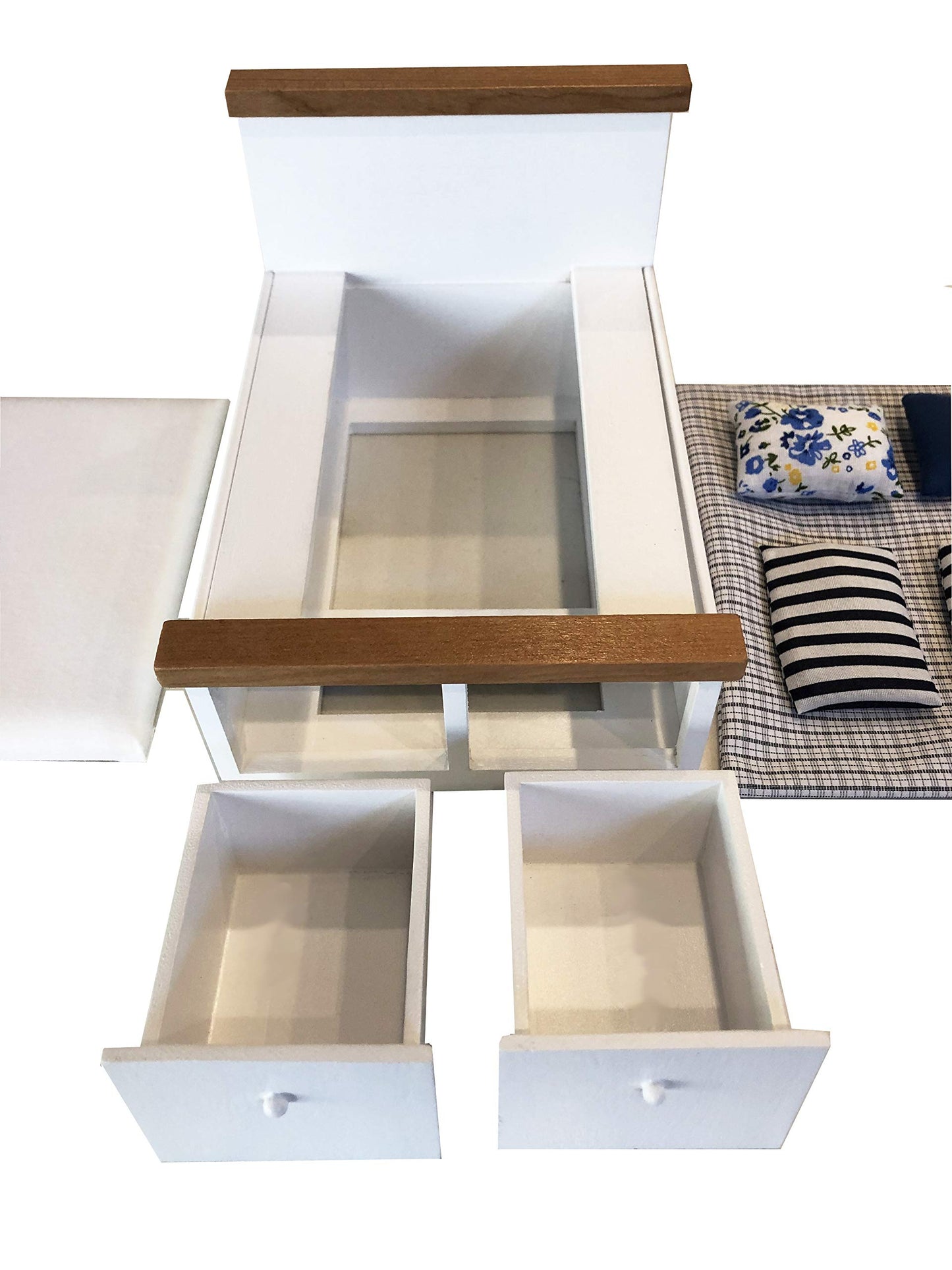 Dollhouse Furniture Queen Bed Set, Mini Bedroom Accessories For 6 Inch Dolls, Grey Bedding, White Wooden Frame, 1/12 Scale