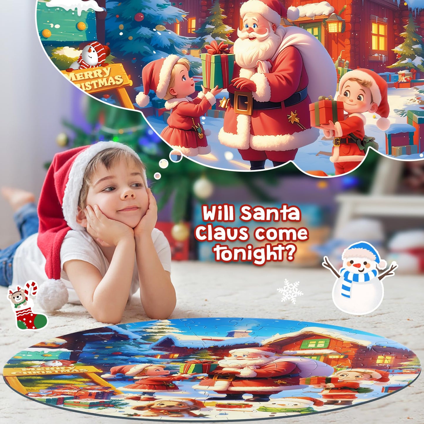 Christmas Puzzles For Kids Ages 4-6, Kids Puzzles With Santa Claus & Snowman,70 Piece Round Large Floor Puzzles For Kids Ages 3