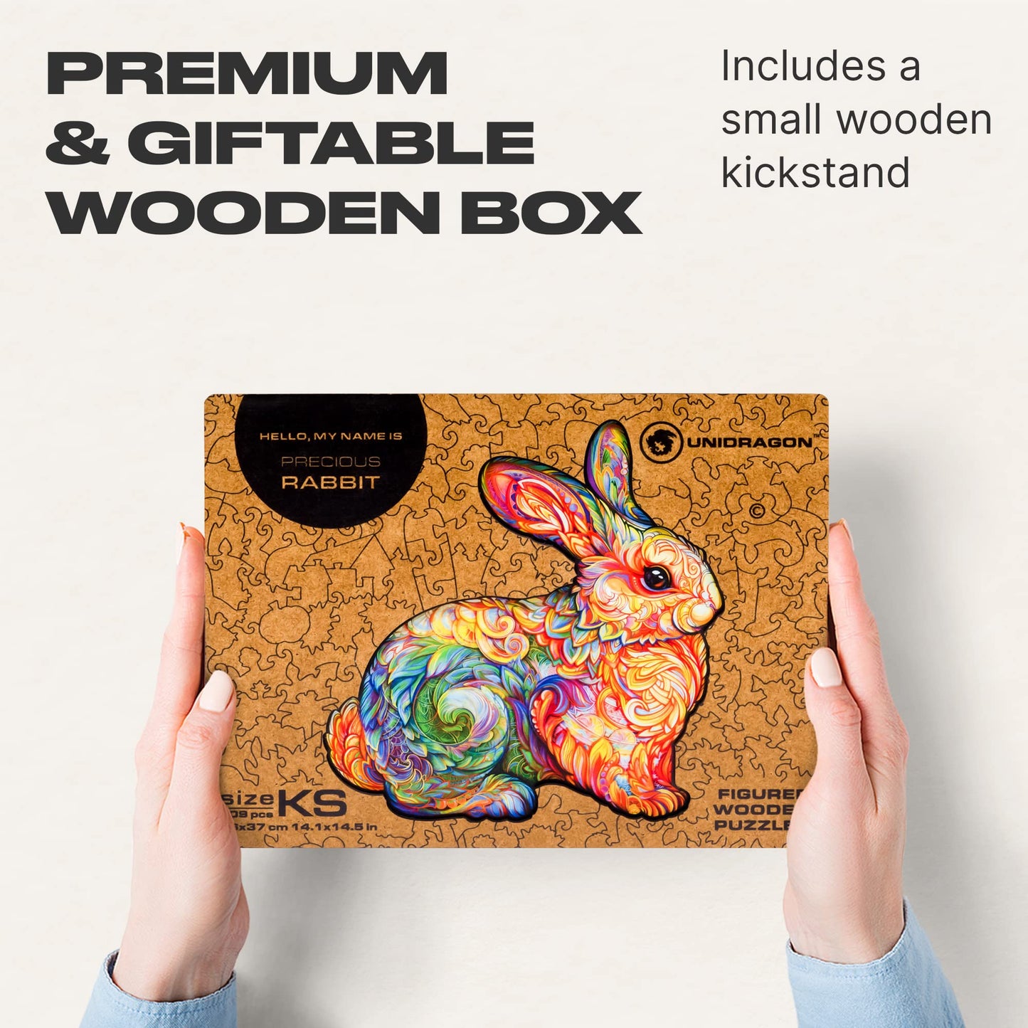 Unidragon Original Wooden Jigsaw Puzzles - Precious Rabbit, 309 Pcs, King Size 14.1'X14.5', Beautiful Gift Package, Unique Shape Best Gift For Adults And Kids