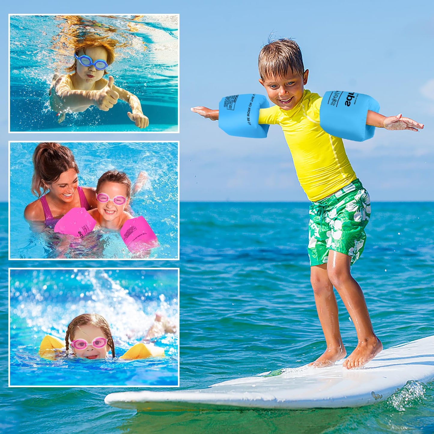 6 Pack Arm Floaties For Adults And Kids, Pvc Inflatable Swimming Floats Arm Bands With 2 Swimming Goggles, Kids Floaties For Poo