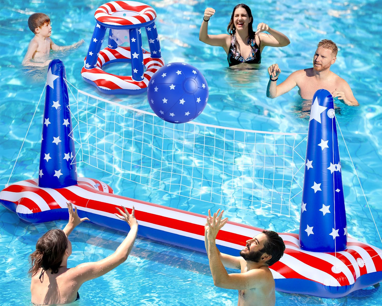 Holyfun Swimming Pool Volleyball Net Set Basketball Hoop, Summer Pool Floats Inflatable Water Games For Kids, Teens, Adults And