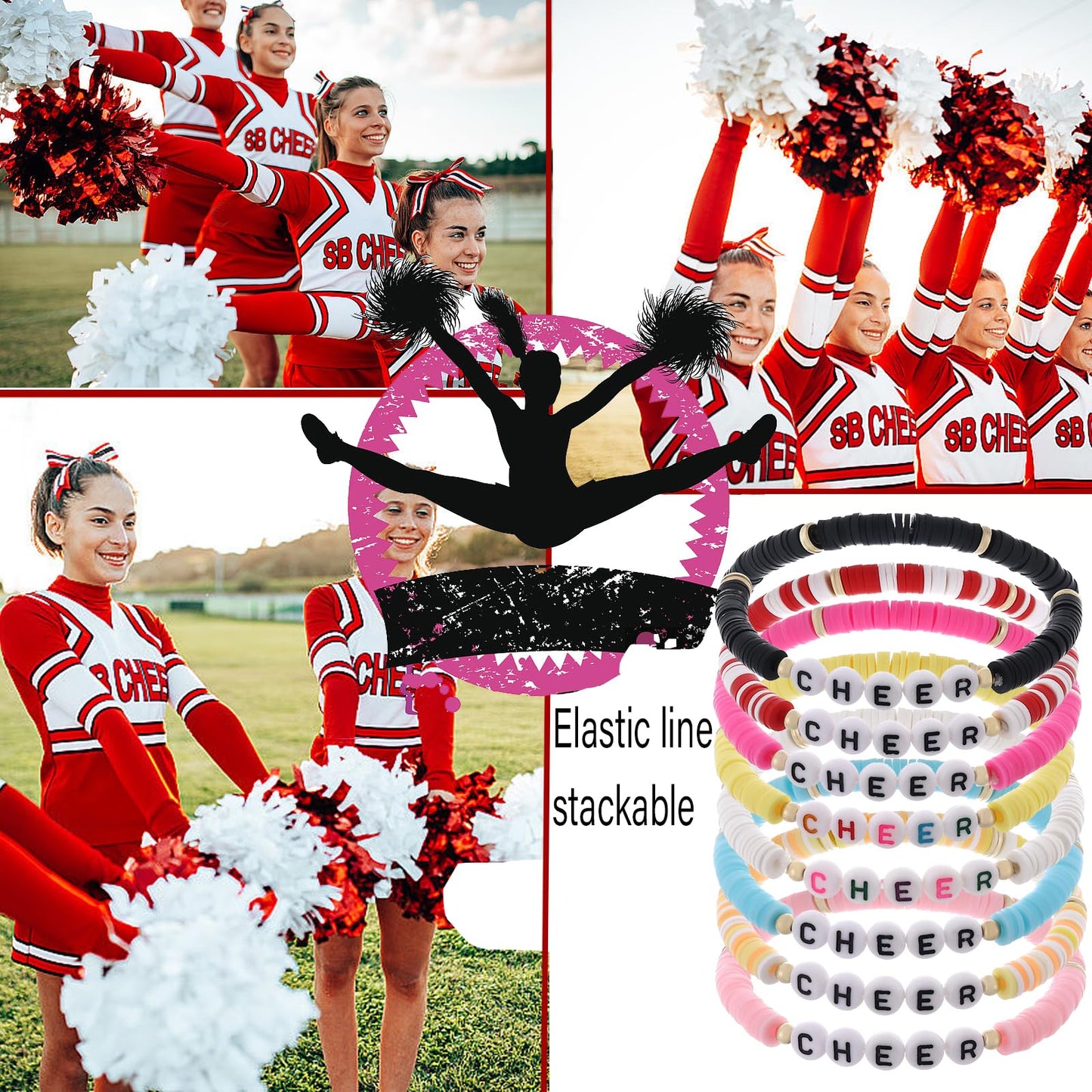 Cooluckday 16Pcs Cheer Gifts Bulk for Team Cheer Bracelets Stackable Clay Y2k Friendship Bracelets