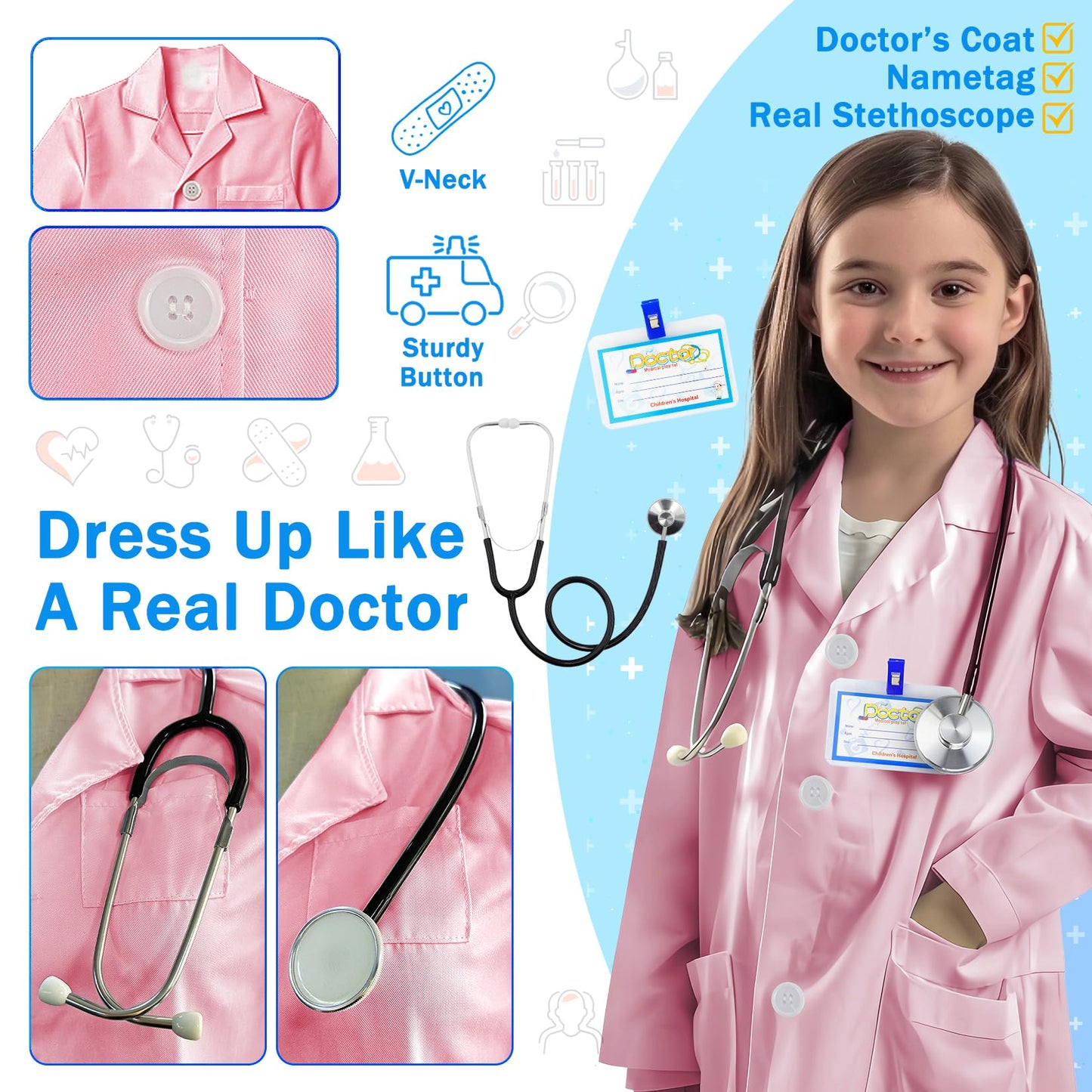 Riorand Kids' Doctor Lab Coat Costume With Accessories Role Play For Boys Girls Playset Nurse Costume Age 3-12 (Pink, L-140Cm/8-9Y)