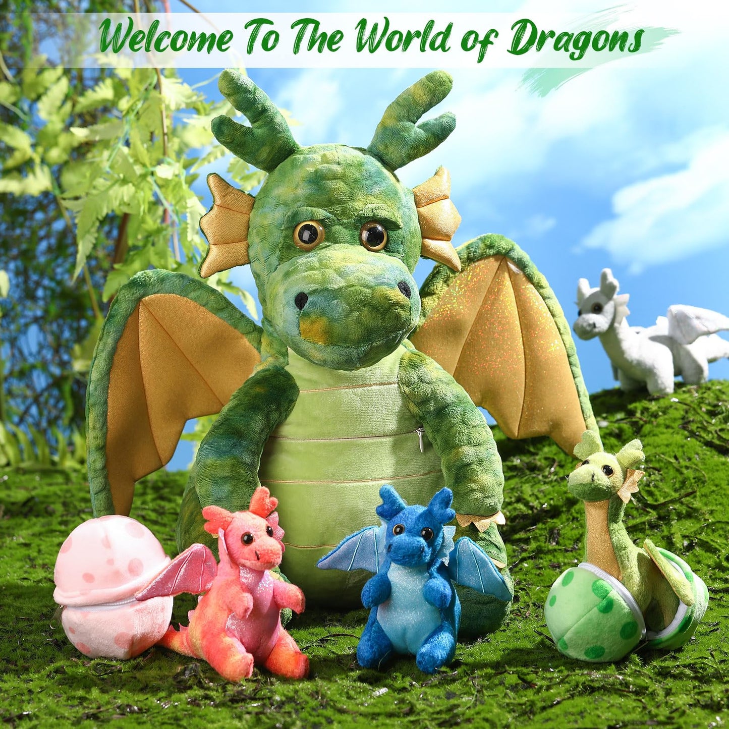 Arrowbash 7 Pcs Dragon Plush Toys Gift Set 15.75'' Large Dragon Mom Stuffed Animal With 4 Cute Baby Dragons And 2 Eggs In Mommy'