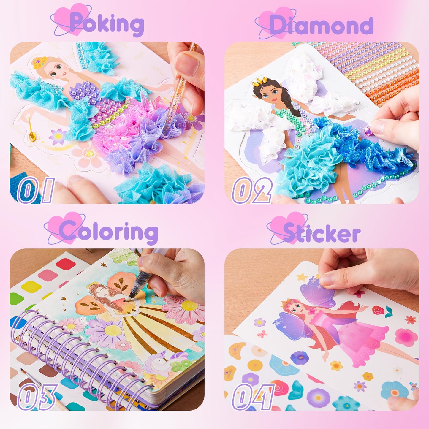 Magic 4 In 1 Poke In Art Kits For Girls, Pretty Princess Game With Princess Stickers, Watercolor Paint, Diamond Art Crafts For Kids Ages 4-8, Diy Activity Gifts For 4 5 6 7 8+ Year Old Girls