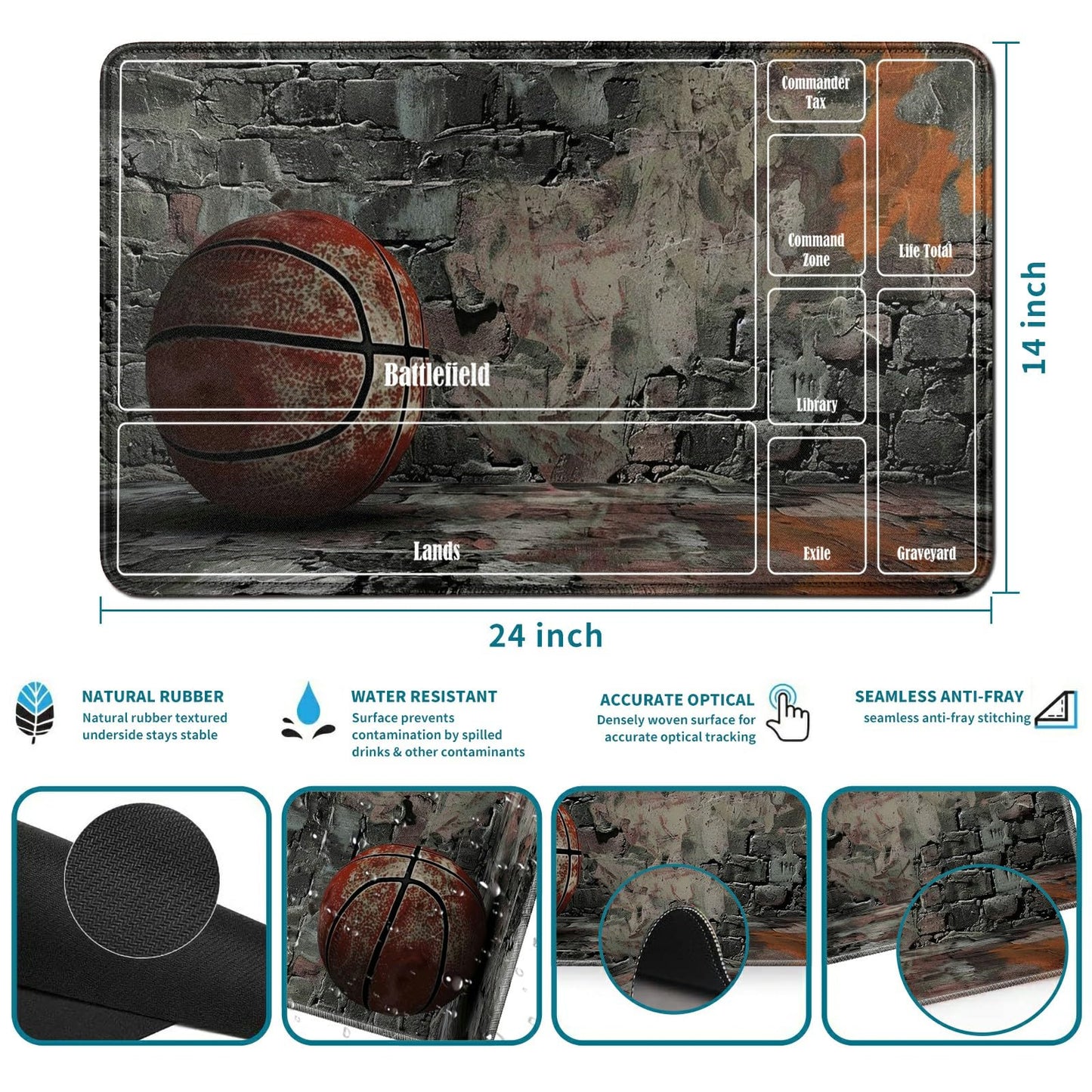 RWUTYTIUL Retro Basketball Card Playmat 24 X 14 Inch with Tube Bag, Card Gameplay Playmat with Zones Commander Deck Board MTG RP