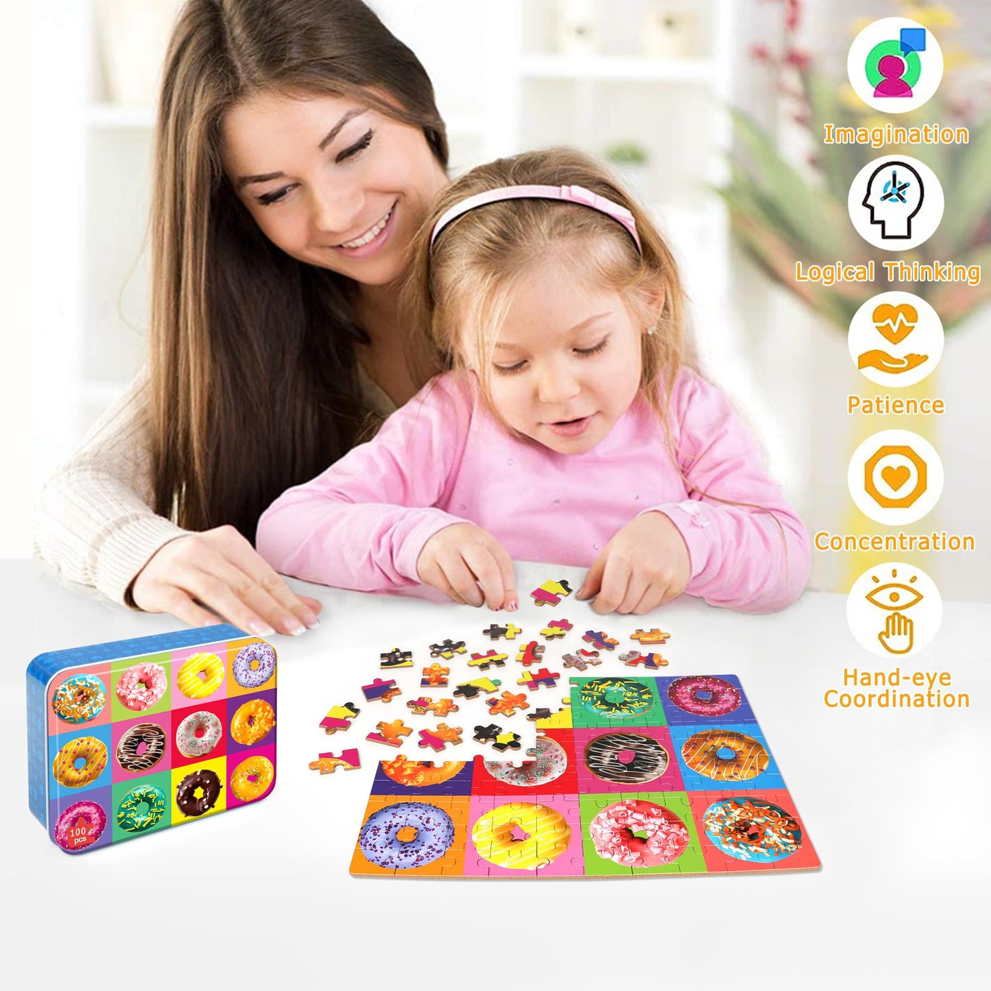LELEMON Puzzles for Kids Ages 4-6,Donut 100 Piece Puzzles for Kids in a Metal Box, Educational Jigsaw Puzzles 100 Piece Puzzle G
