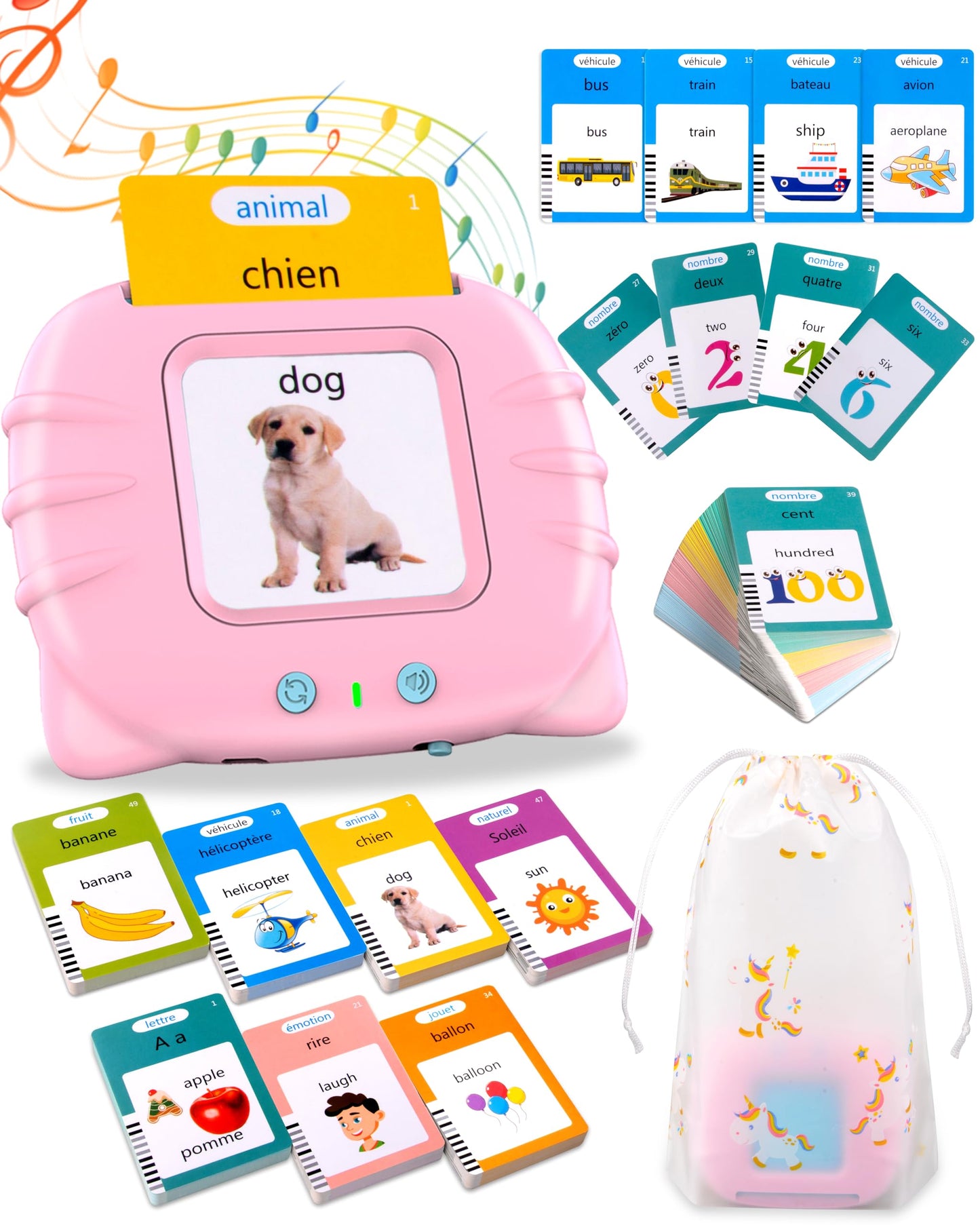 XTACO 510 Words French Flash Cards for Kids, Bilingual Toddler Learning Toys, Autism Sensory Toys, Small, Pink, Age 2-4