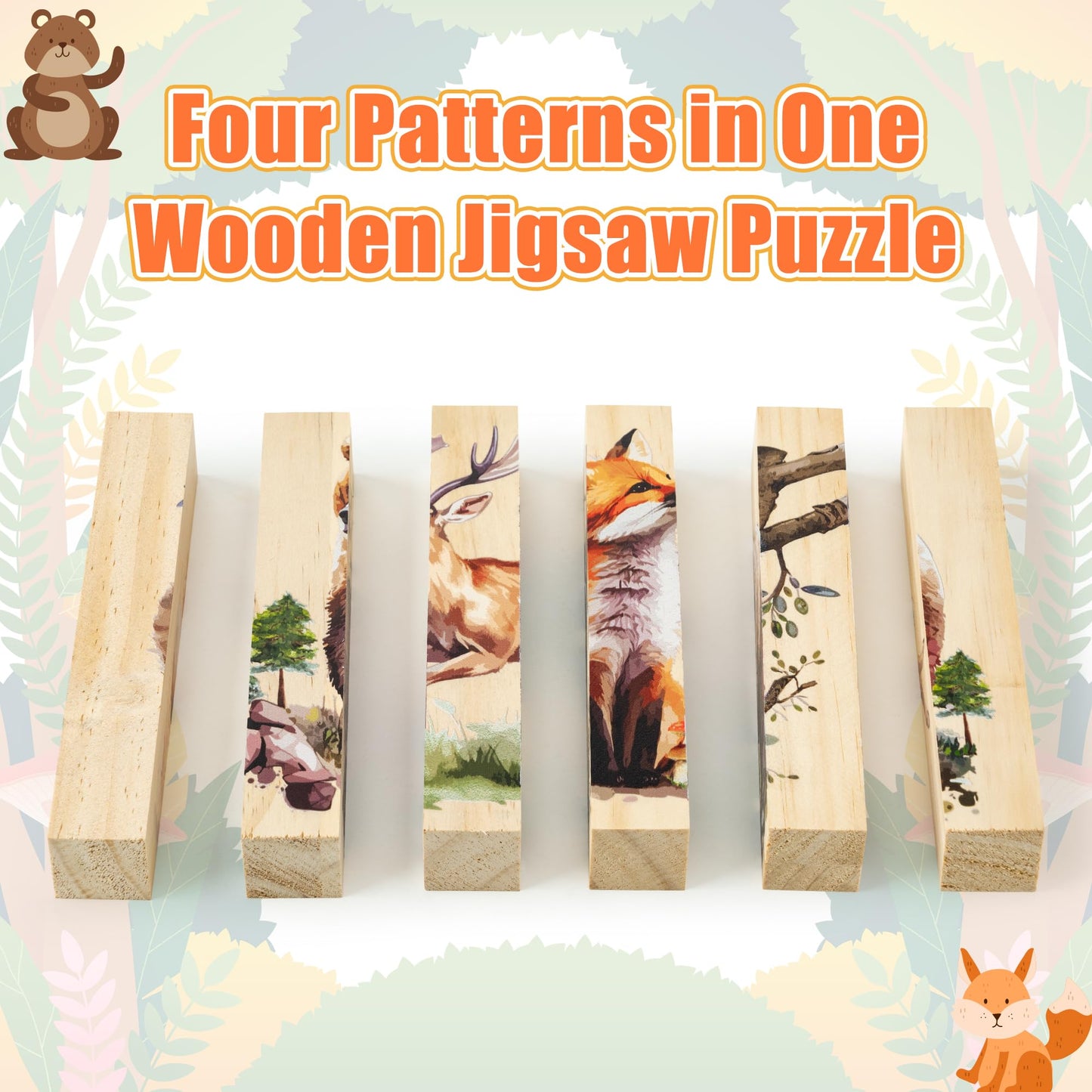 Cjiangpo Wooden Animal Chunky Puzzles - 4 In 1 Woodland Animal Puzzle Blocks Sensory Toys For Toddlers 2+ Years, Realistic Recta