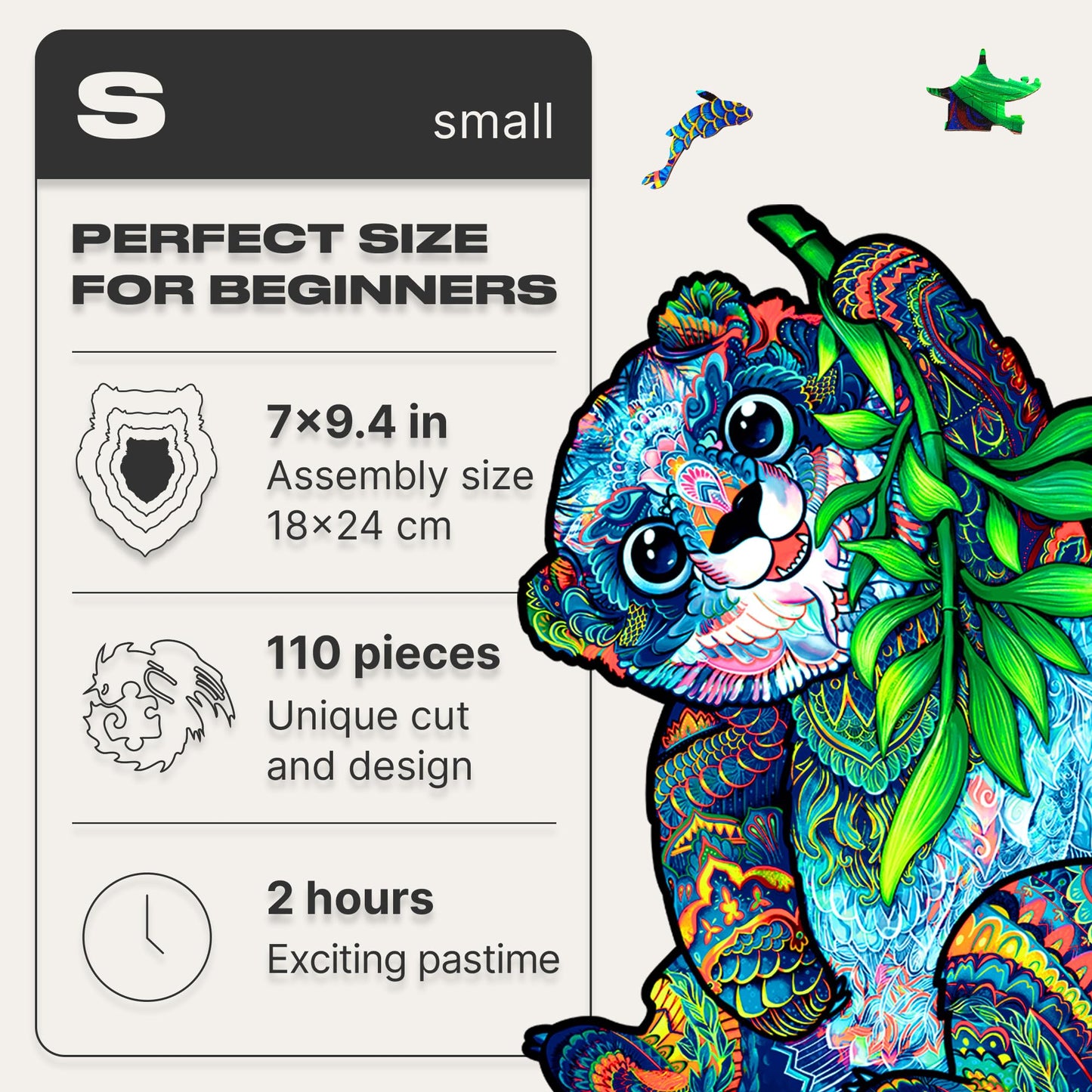 Unidragon Original Wooden Jigsaw Puzzles - Serious Panda, 110 Pieces, Small Size 7''X9.4'', Beautiful Gift Package, Unique Shape