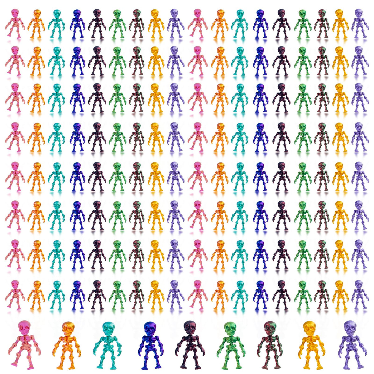 dsooldre 28 Pcs Mini Skeleton Figurines, 3D Printed Halloween Skeleton Toys in 14 Colors, Colorful Small Skeleton Figures for De