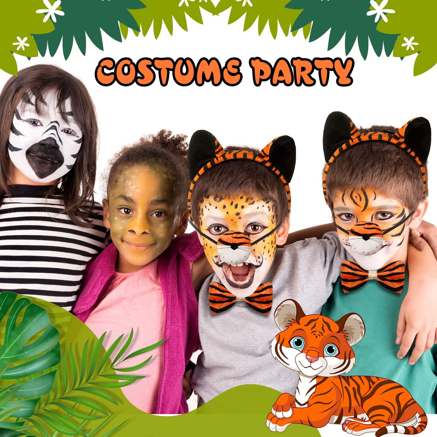 4 Pcs Kids Tiger Costume Kits Tiger Ear Headband Tail Nose Bow Tie Animal Tiger Fancy Costume For Halloween Cosplay Party(Vivid