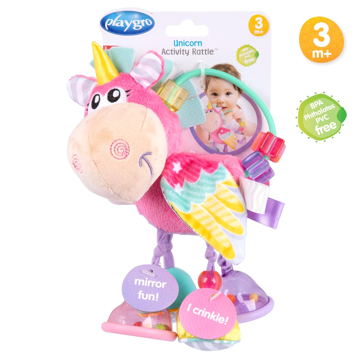Playgro Unicorn Soft Baby Toys 3-6-12 Months Developmental, 3+ Months Rattles Teething Toys For Babies, Newborn & Infant Sensory Non-Toxic Plush Baby Rattle For Boy Girl Clip Clop Activity Gift