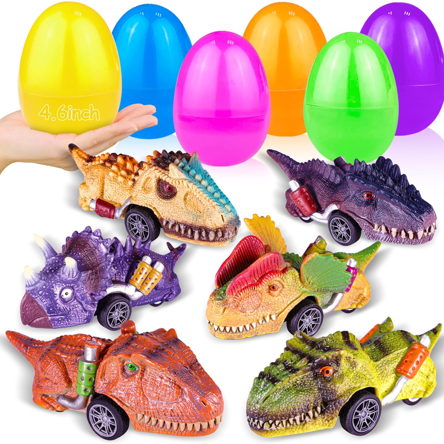 Amenon 6 Pack 4.6'' Large Easter Eggs Filled With Dinosaur Pull Back Car Toys, Easter Basket Essential Stuffers,Eggs With Toys I
