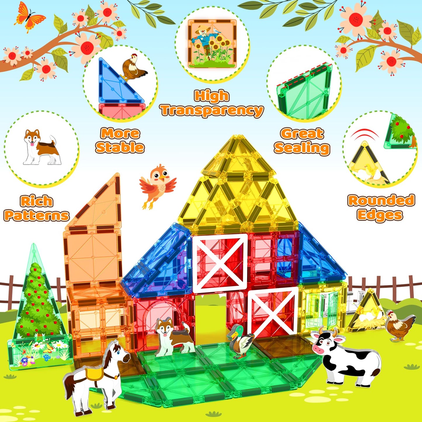 Magnetic Tiles Toys With Farm Animals For 3+ Year Old Toddler, Magnetic Blocks Building Toys For Kids Ages 3-5 5-7 Girls Boys, C