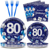 96 Pcs 80Th Birthday Party Supplies Navy Blue And Silver Birthday Plates 80Th Birthday Paper Tableware Happy Birthday Party Plat