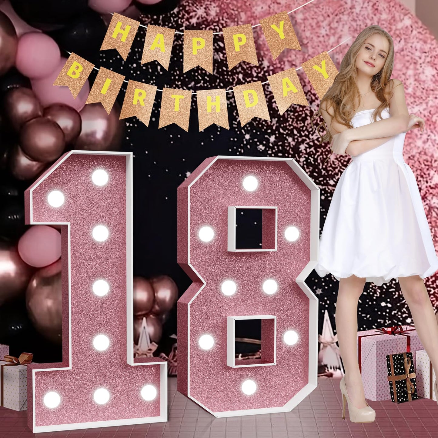 Marquee Numbers Pink 18Th-Birthday Decorations: Large 3Ft Light Up Number Rose Gold 18 Birthday Decoration For Boy Girl 18 Year