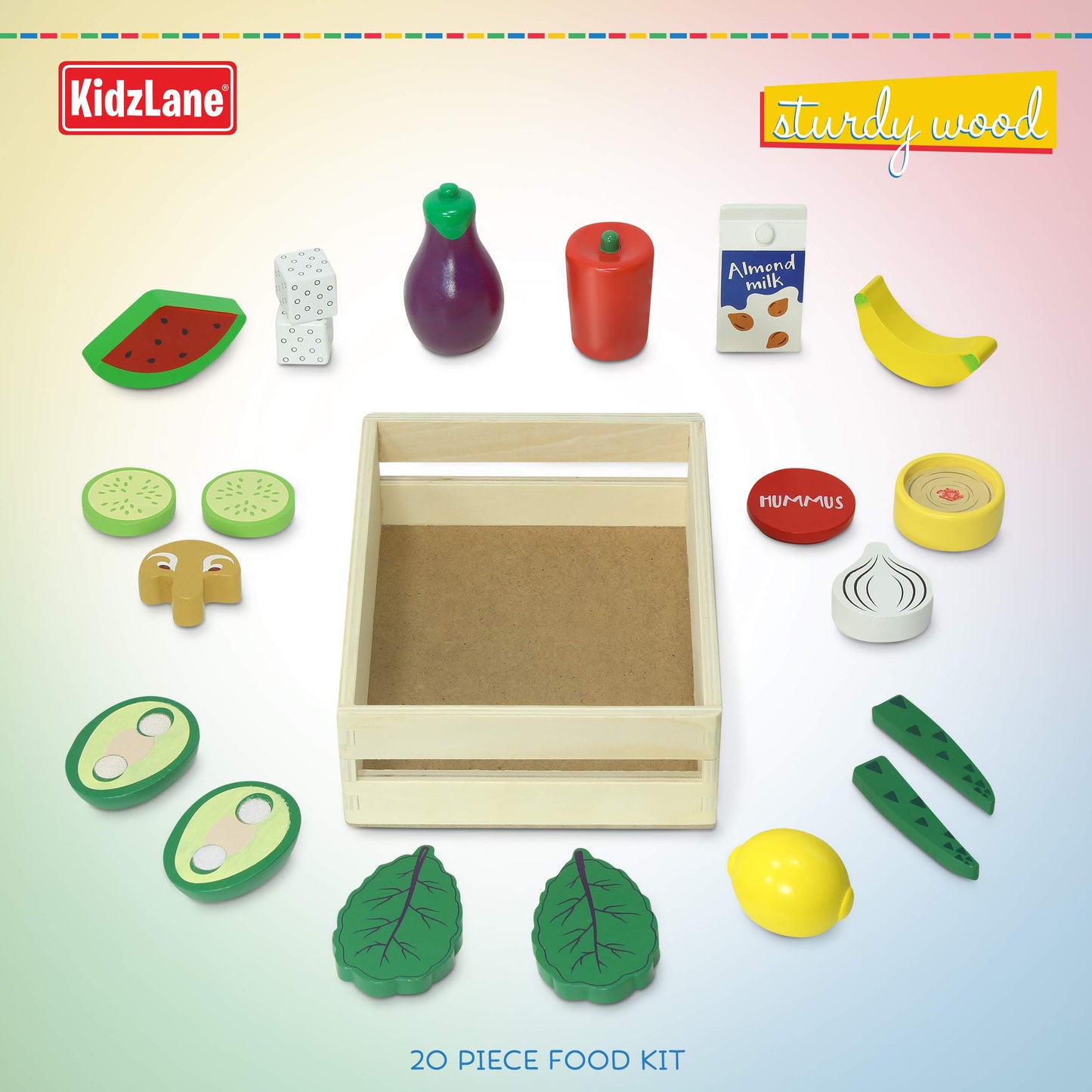 Kidzlane Wooden Vegan Toys with Wooden Crate | 20 Piece Wood Play Food Set for Kids Kitchen | Play Kitchen Accessories for Toddl