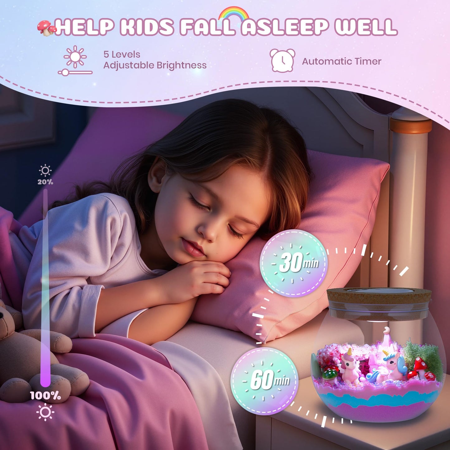 Nicella Unicorn Light-Up Terrarium Kit For Kids - Led Night Light Birthday Gift For Girls Ages 4 5 6 7 8-12 Year Old - Unicorn T