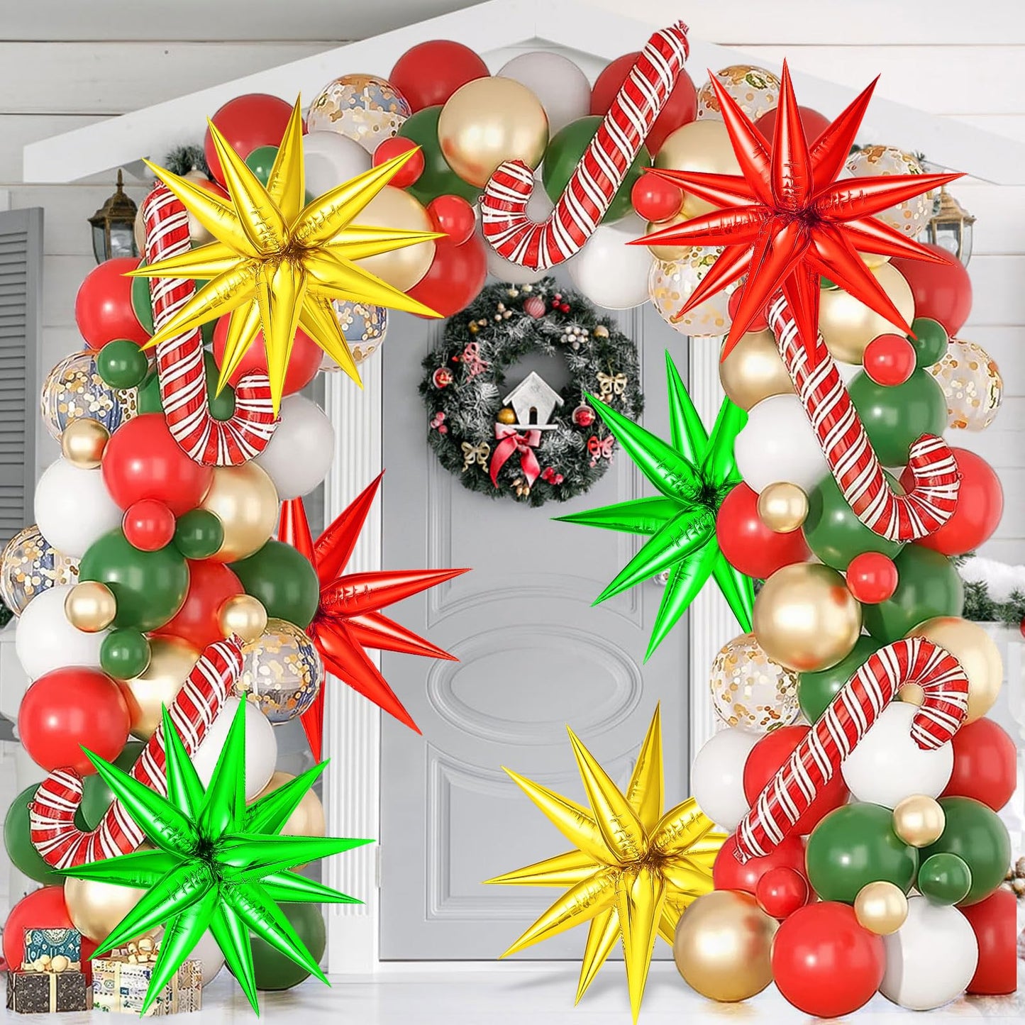 72 Pcs Gold Red Green Star Balloons, Spike Balloons For Christmas Party Supplies, Big 26 Inch Explosion Christmas Star Cone Ball