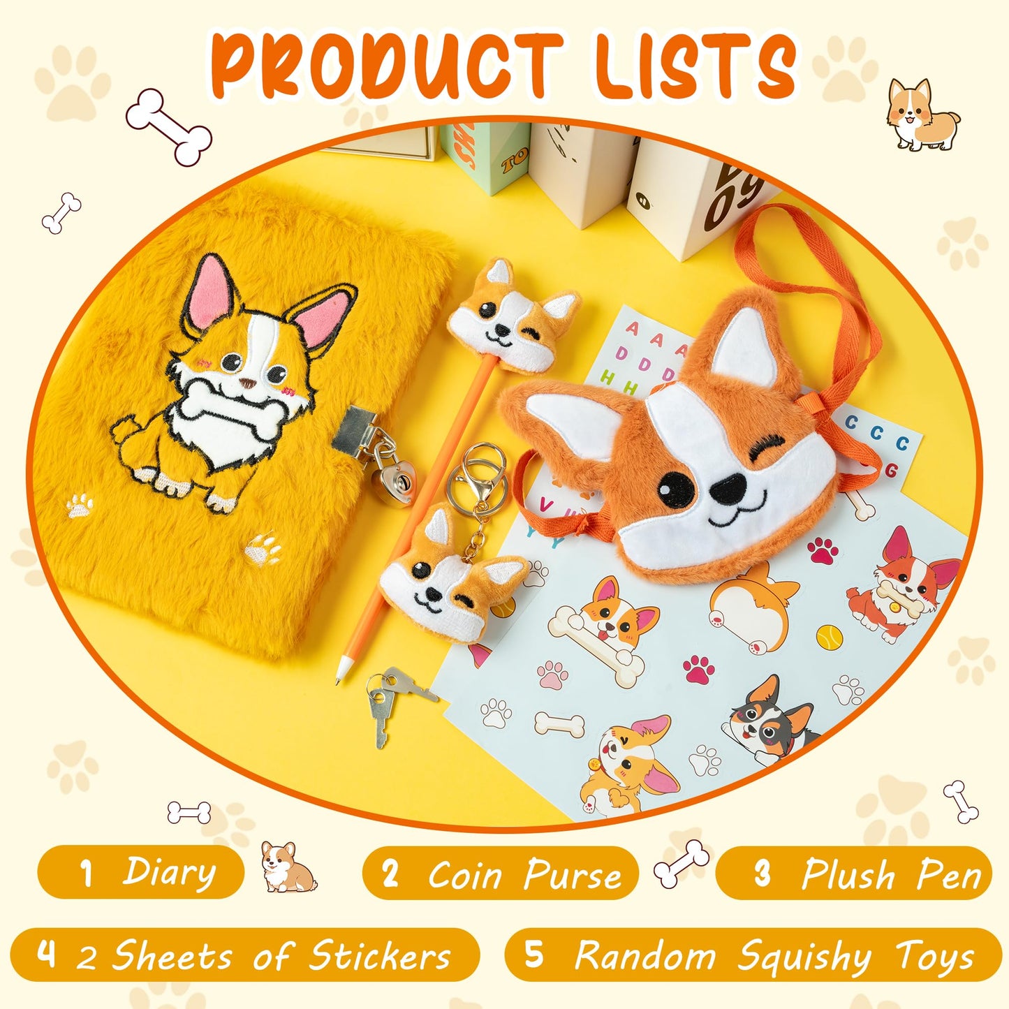 Cy2Side Corgi Dog Diary Set - 6Pcs Corgi Diary With Lock And Keys For Girls, Corgi Plush Secret Journal Diary Journaling Set For Writing, Make Your Own Scrapbook With Crafts Idea Gift For Teen Girls