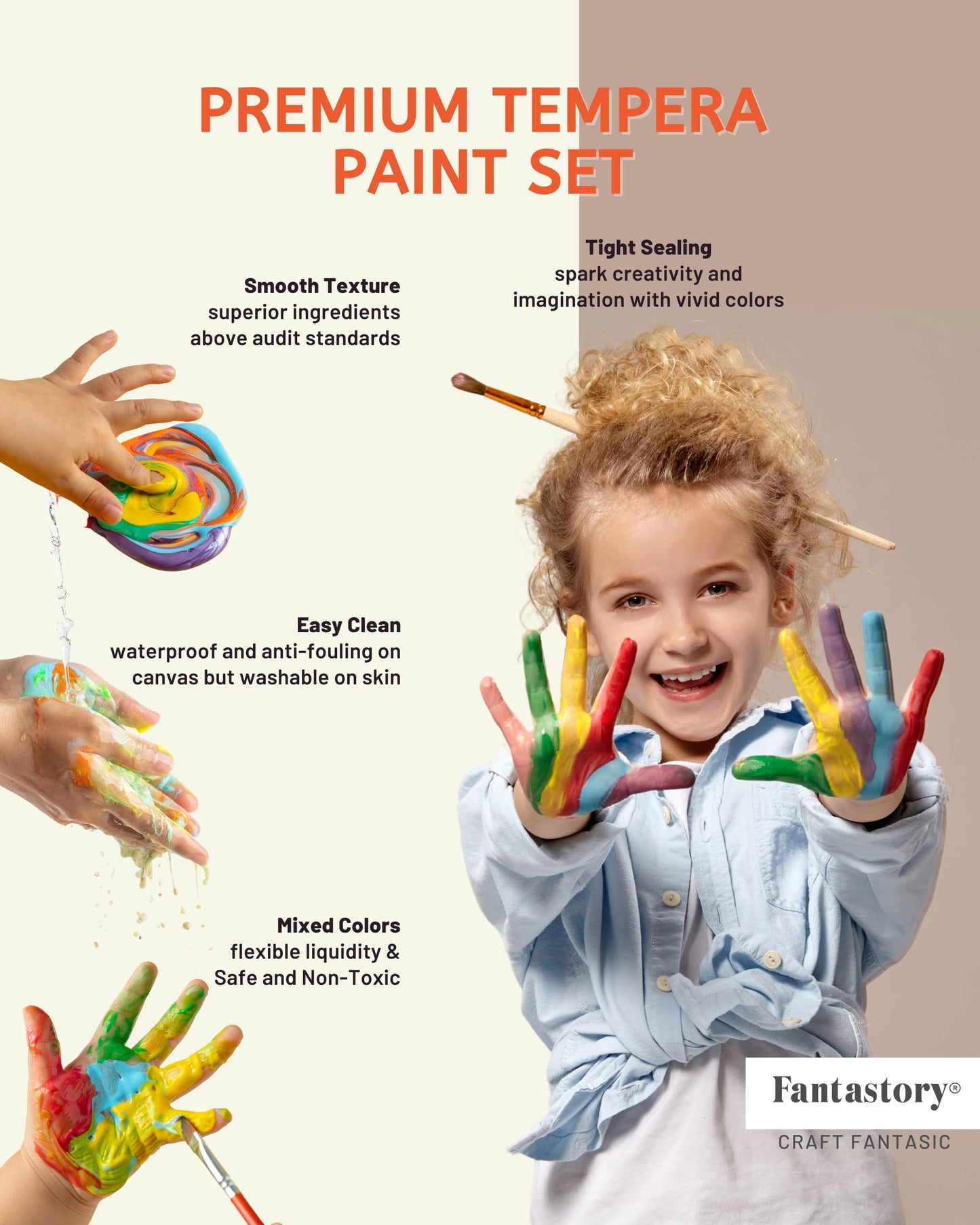 Fantastory Tempera Paint For Kids 24 Colors (2 Oz Each) Washable Tempera Paint, Kids Poster Paint Sponge Painting, Non-Toxic Kid