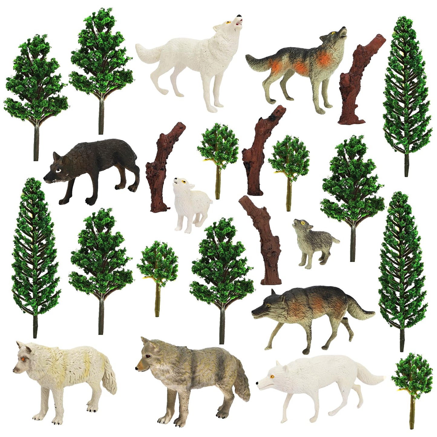 Onest 29 Pieces Mini Wolf Figurines Set Miniature Model Wolves Tree Toys Wolves Cake Toppers Decoration Small Wolf Figures For K