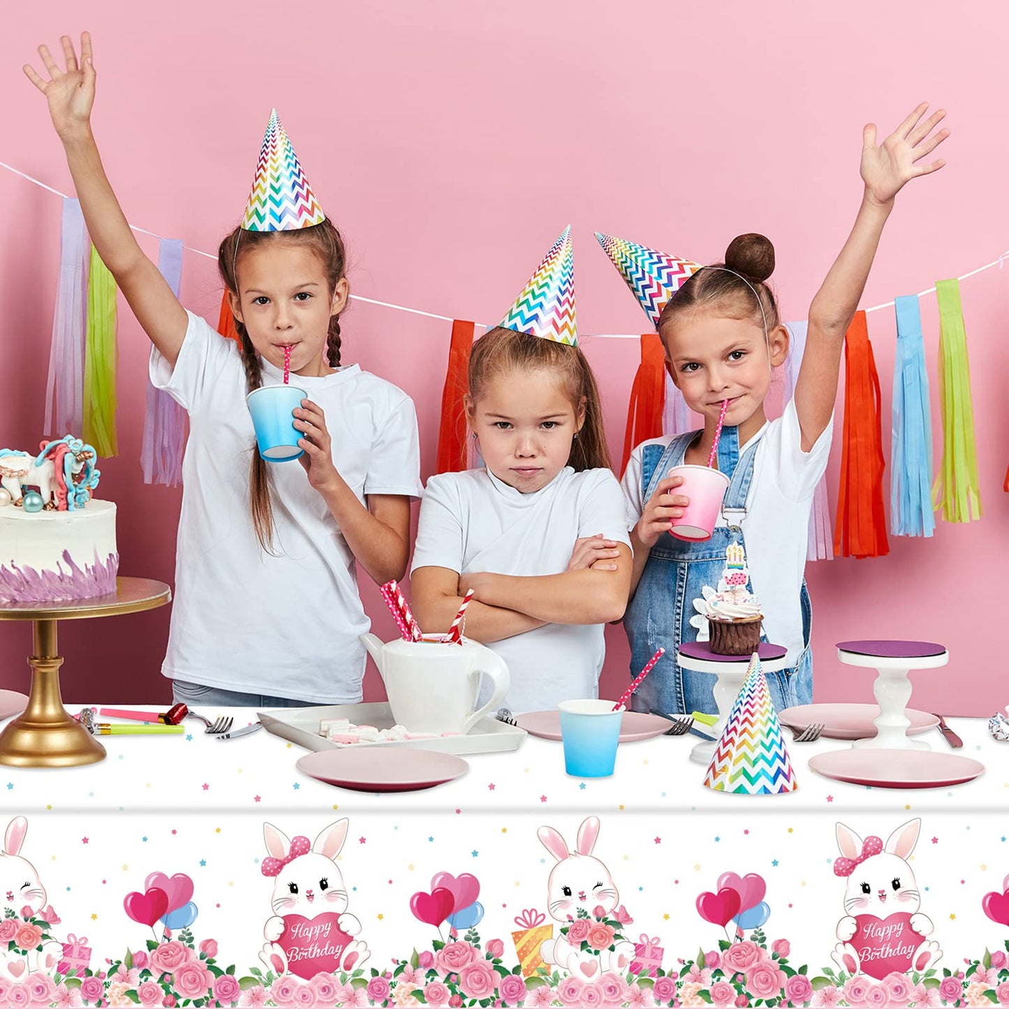 3 Pcs Easter Bunny Party Supplies Tablecloth Bunny Plastic Table Covers Floral Pastel Table Cloth Bunny Themed Birthday Decorati