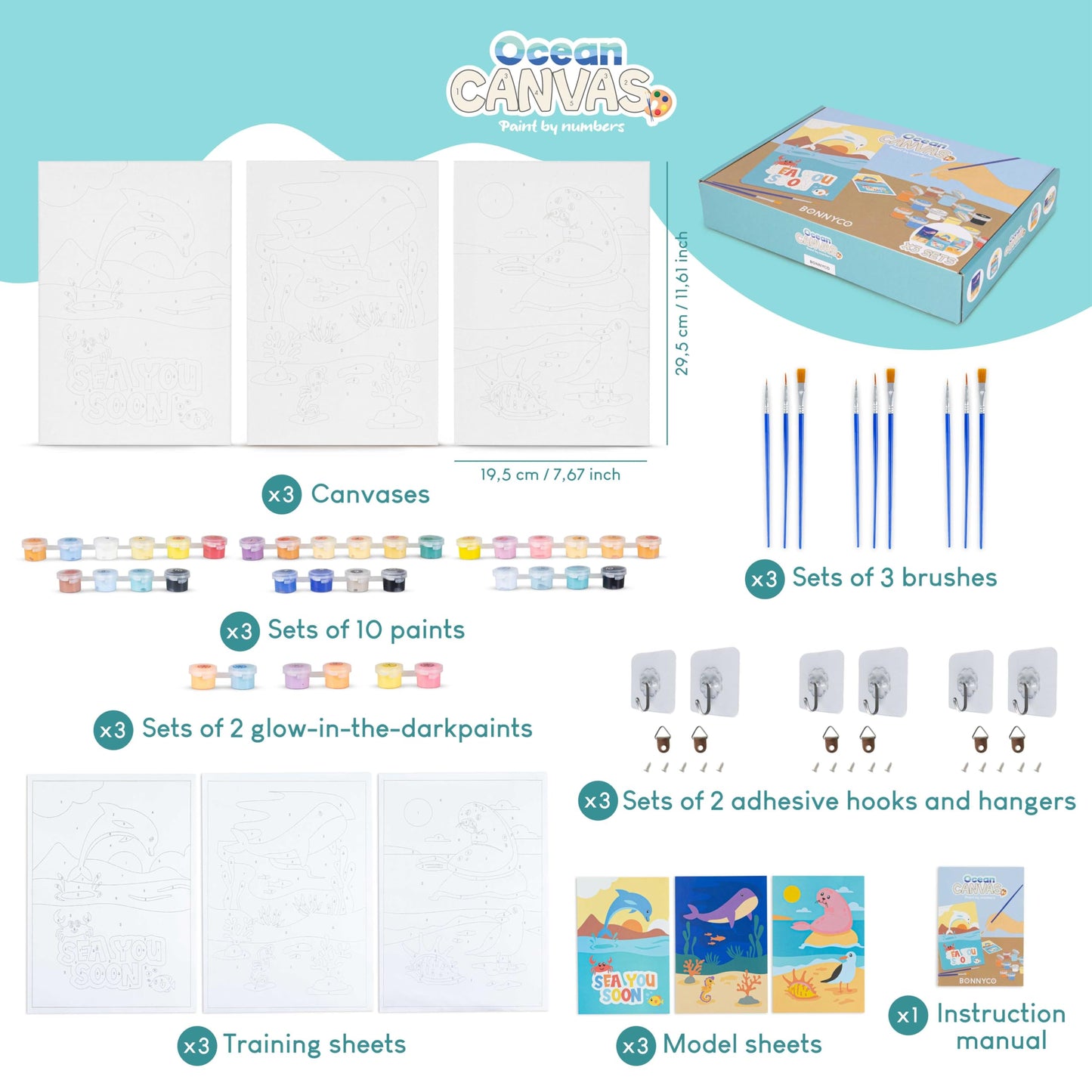 Bonnyco Paint By Numbers Kit For Kids Sea Animals Pack 3 Canvas Paint By Number Canvas Framed, Ocean Gifts For Kids, Arts And Crafts 4-6 8-12 Pintar Por Numeros Pre Drawn Painting Under Sea Crafts