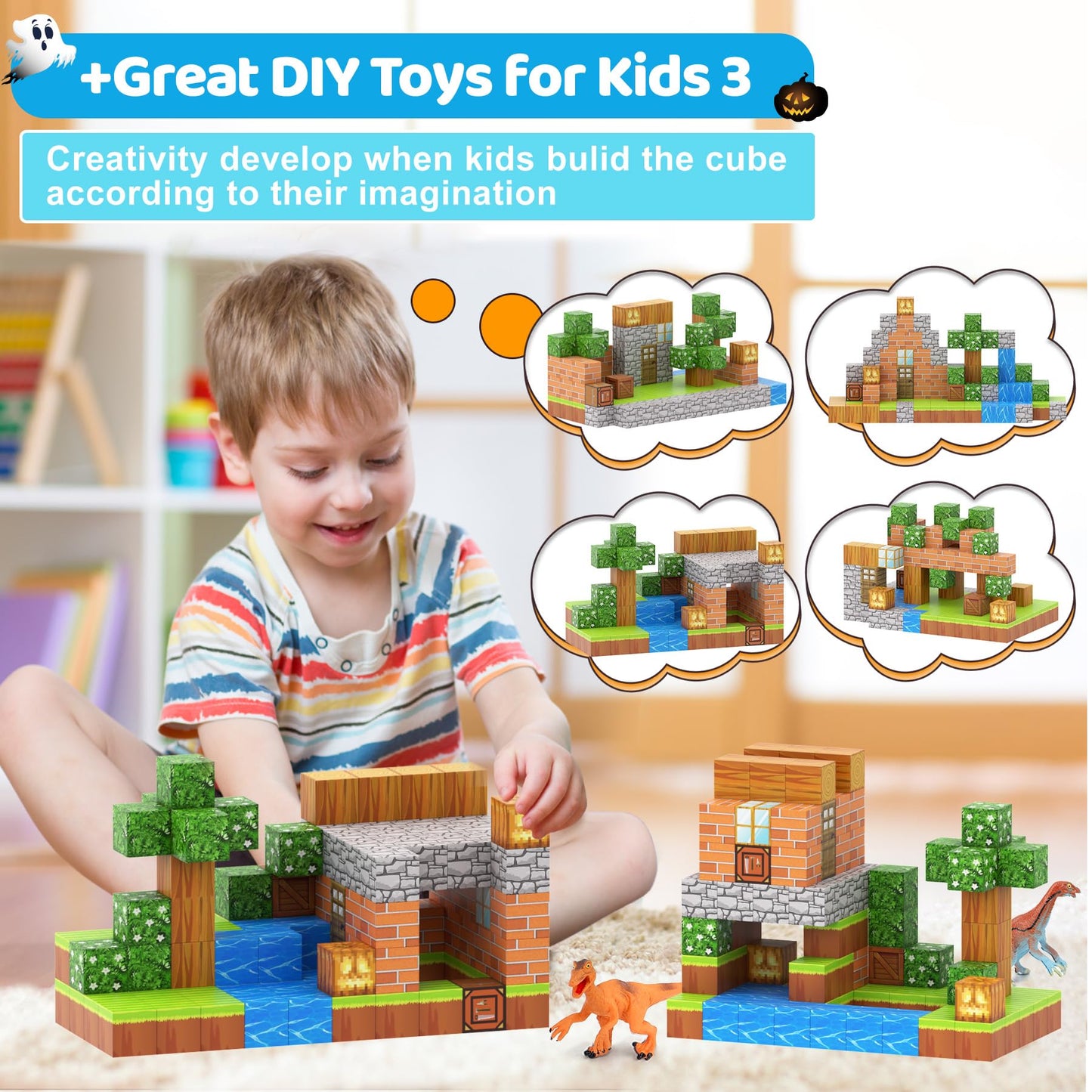 Dulsaera Magnetic Blocks 110Pcs With 6 Animal Toys, Punpkin Building Blocks Set, Toys For Boys & Girls Age 6-8, Stacking Buildin