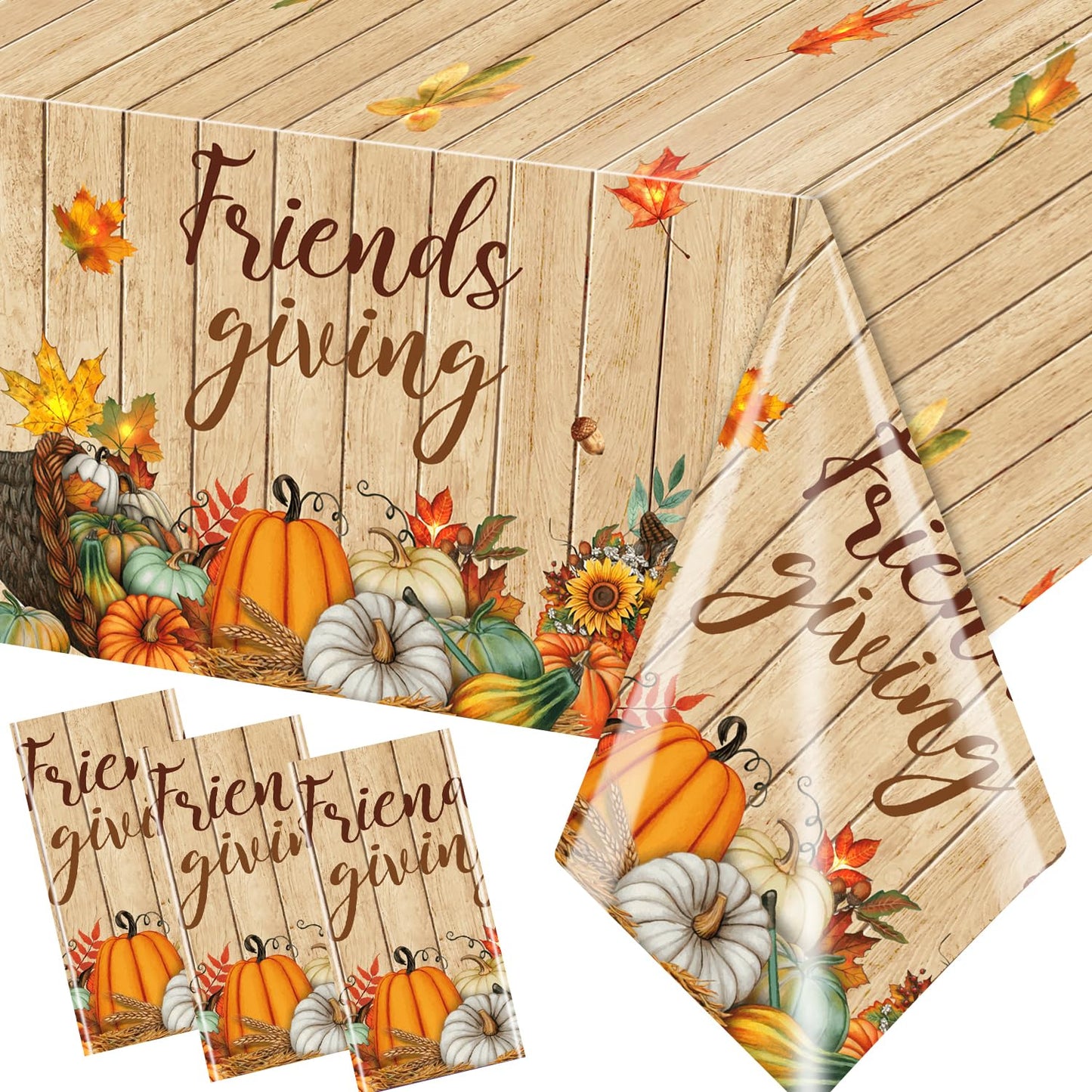 Friendsgiving Party Decorations-3Pcs Friendsgiving Tablecloth Fall Maple Leaves Pumpkin Friendsgiving Table Cover For Friendsgiv